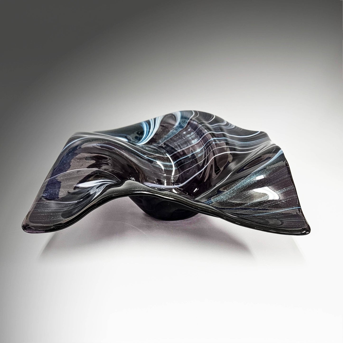 Glass Art Wave Bowl in Stormy Indigo Blue and White