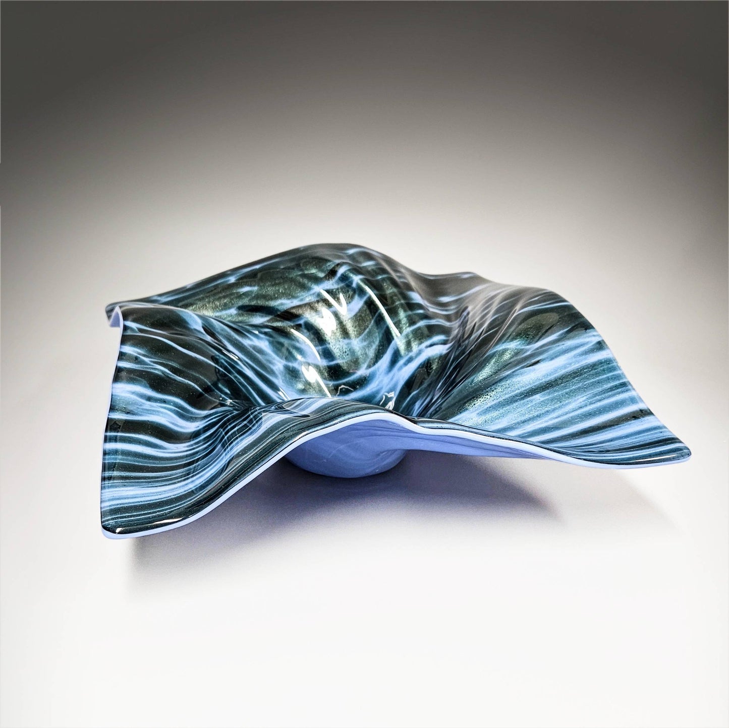 Glass Art Centerpiece Wave Bowl in Forest Green Sky Blue