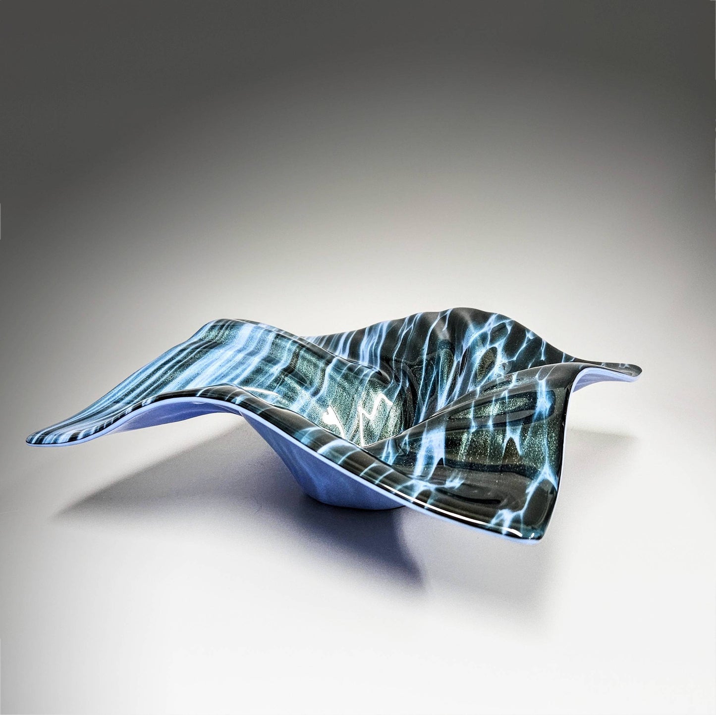 Glass Art Centerpiece Wave Bowl in Forest Green Sky Blue