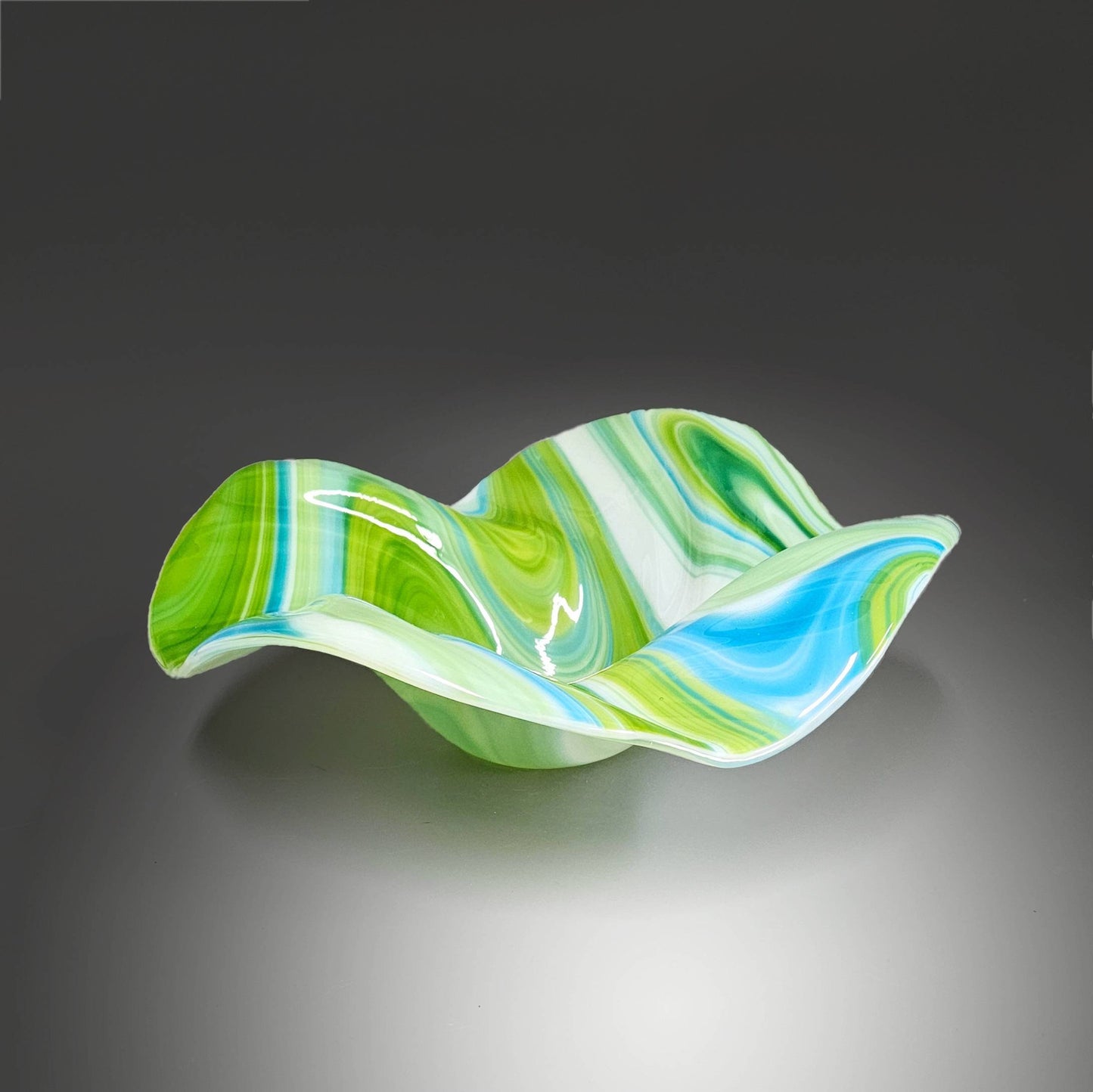 Glass Art Square Wave Bowl in Green Blue and White