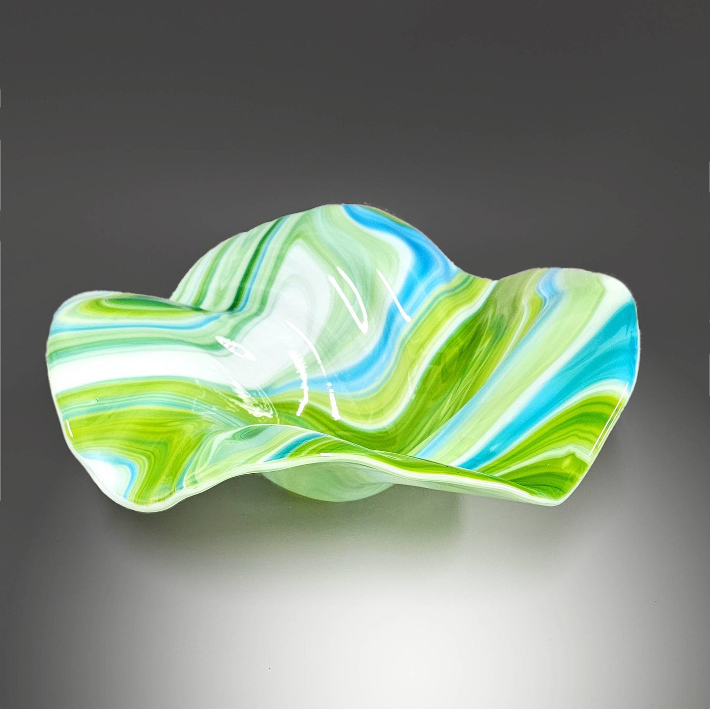 Glass Art Square Wave Bowl in Green Blue and White