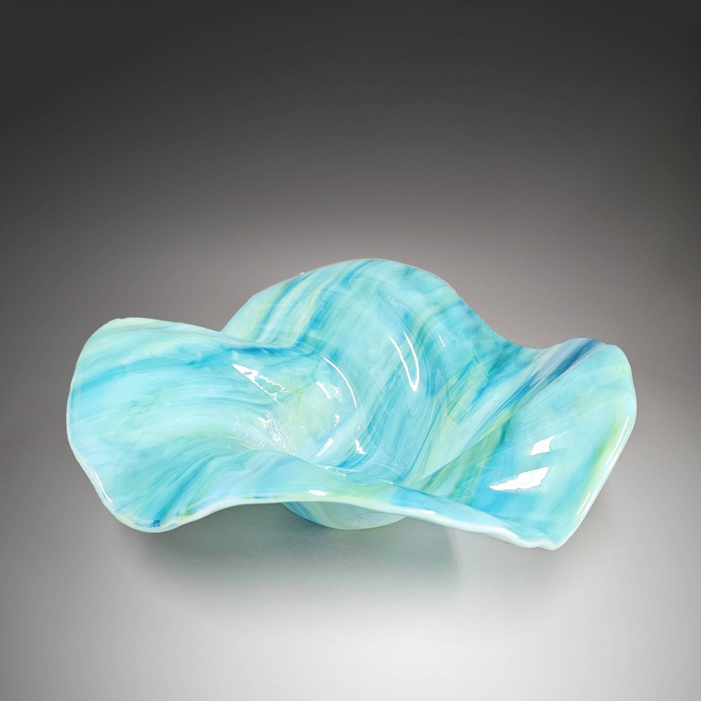 Glass Art Sculptured Wave Bowl in Sea Blue and Green