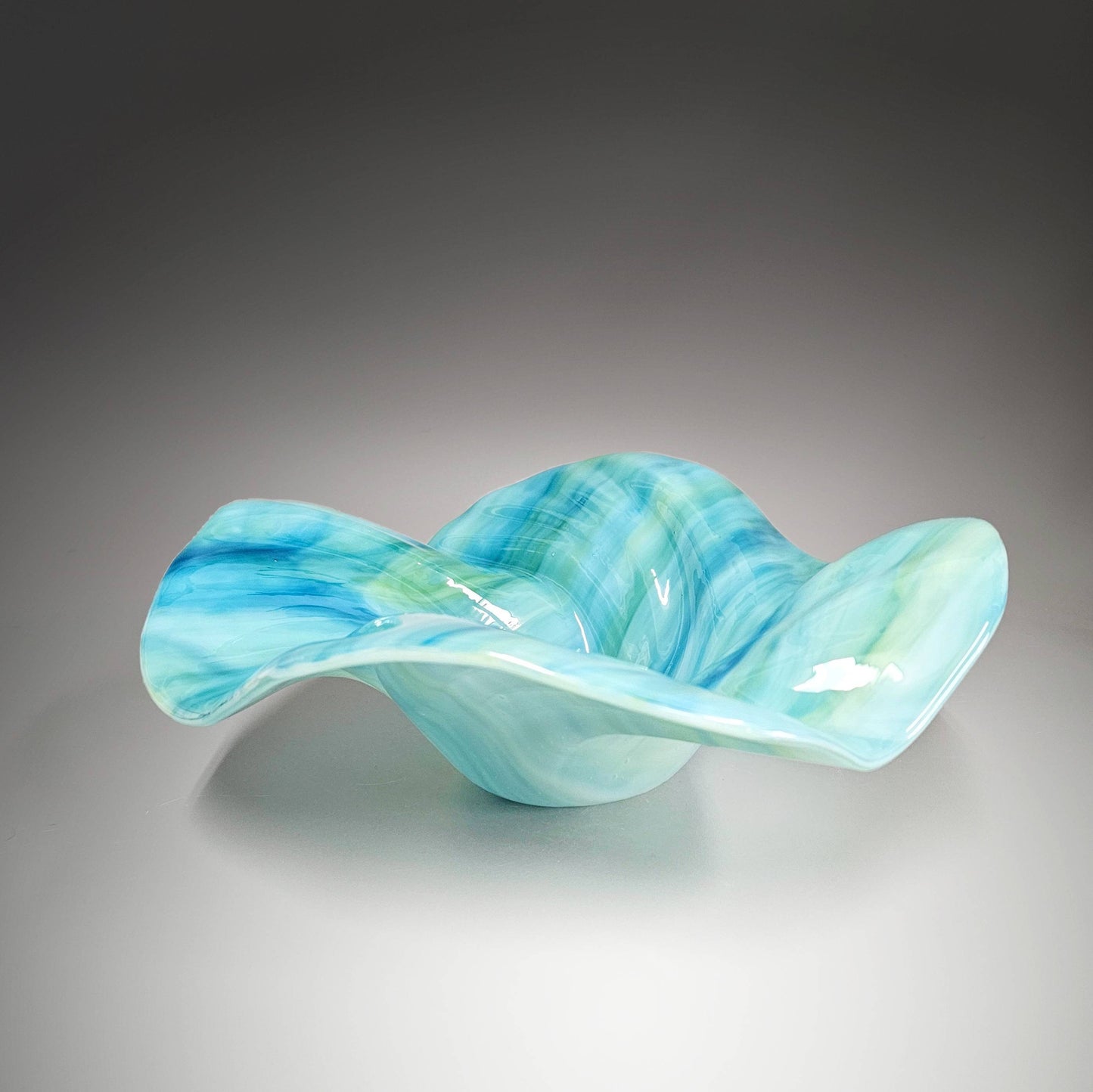 Glass Art Sculptured Wave Bowl in Sea Blue and Green