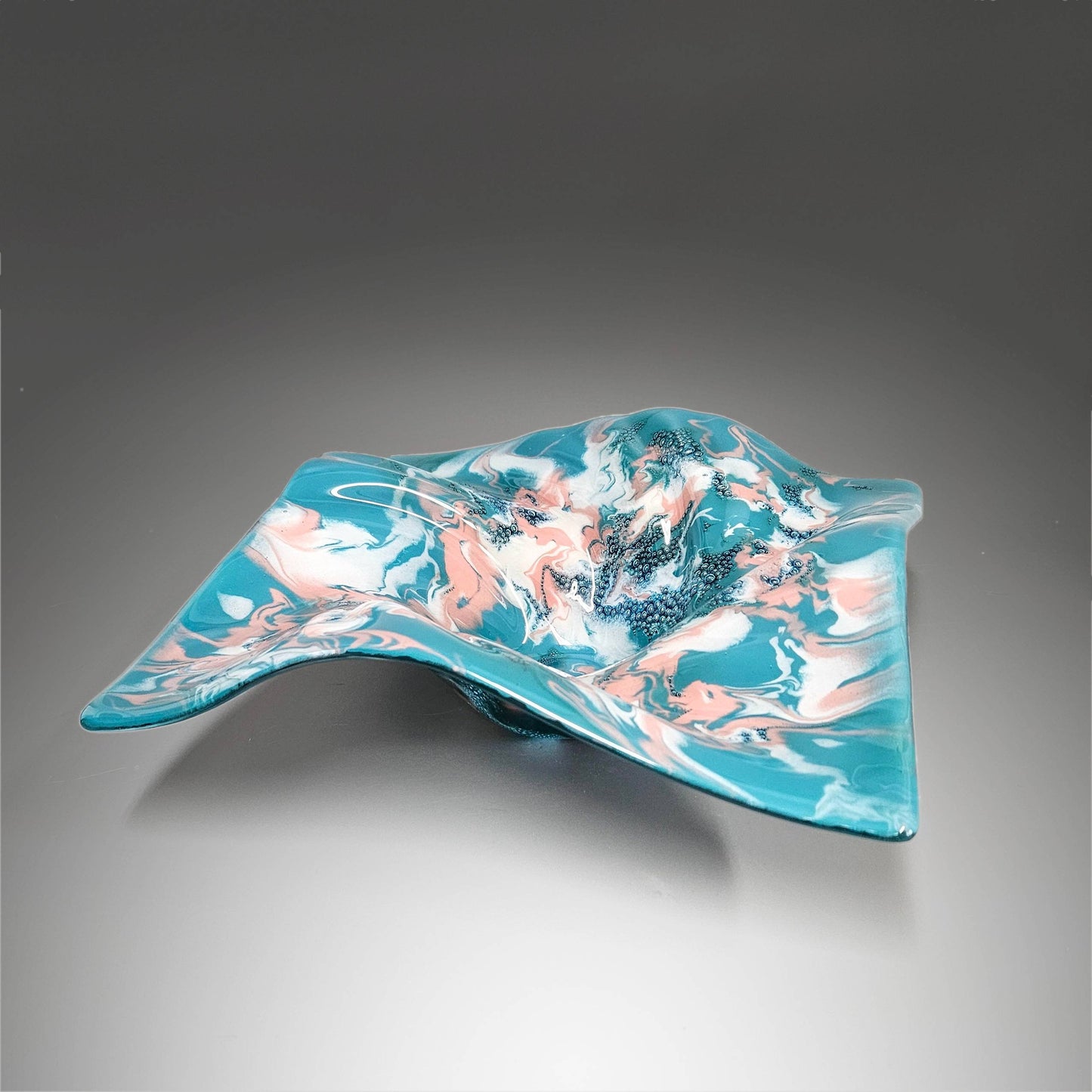 Glass Art Square Wave Bowl in Teal White Pink