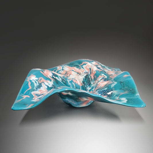 Glass Art Square Wave Bowl in Teal White Pink | Unique Decor Gifts