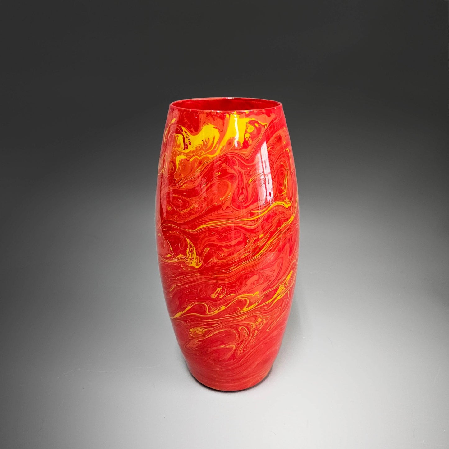 Glass Art Painted Vase in Red Yellow and Orange