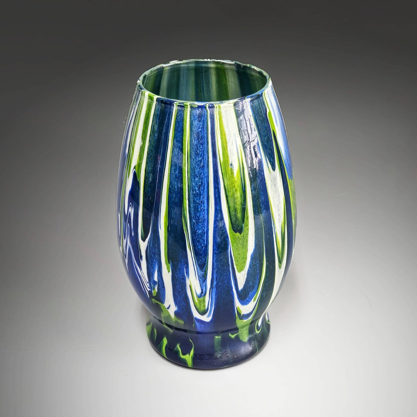 Painted Glass Vase in Blue Green and White