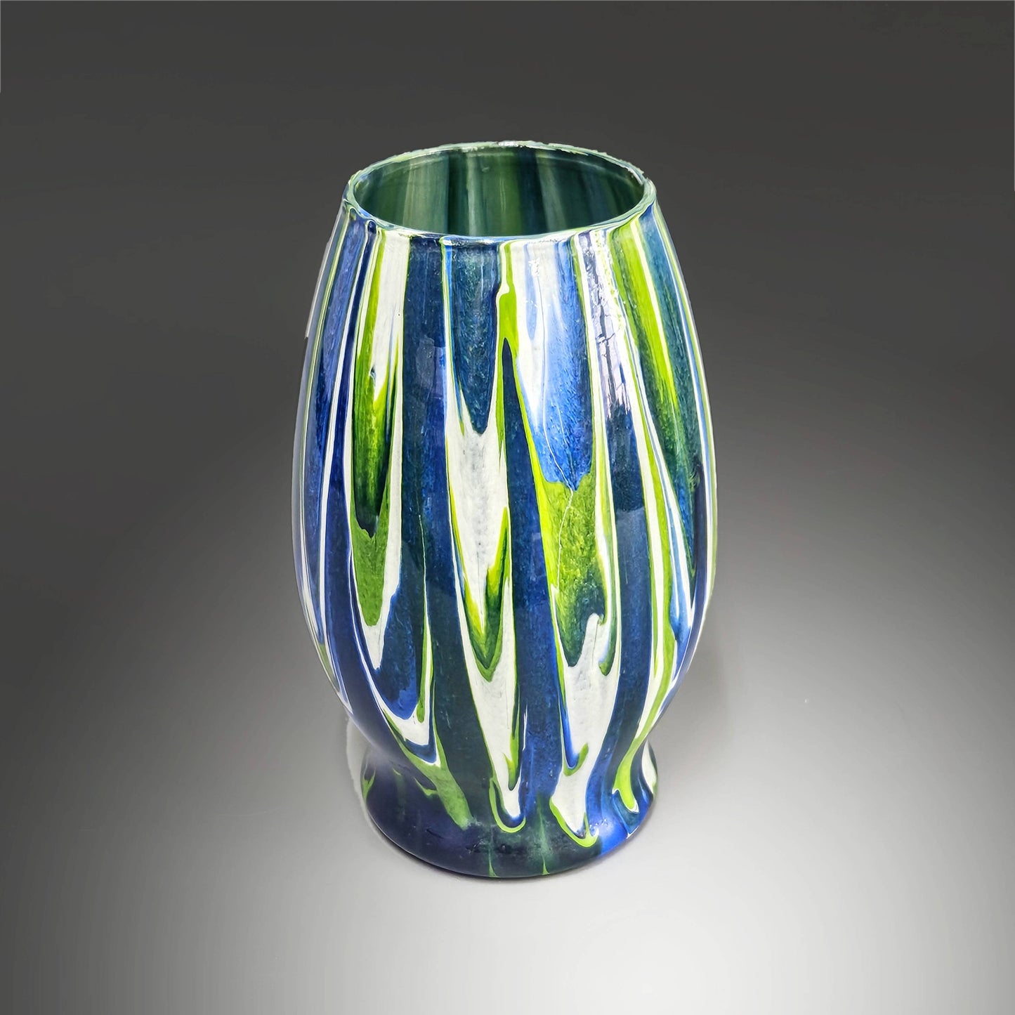 Painted Glass Vase in Blue Green and White