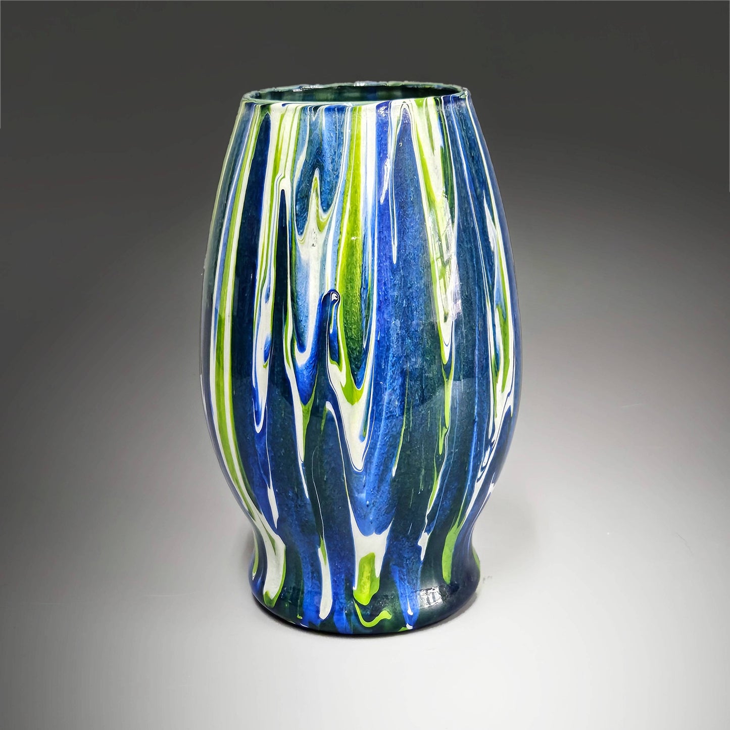 Painted Glass Vase in Blue Green and White