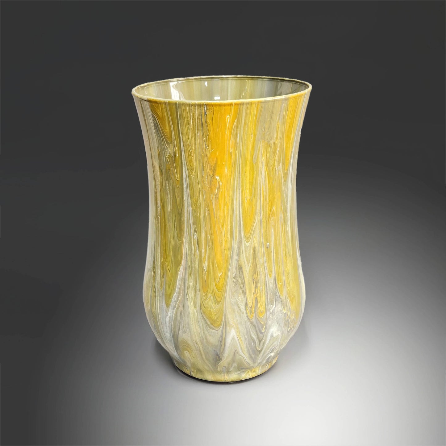 Glass Art Painted Hurricane Vase in Tan Gray and White