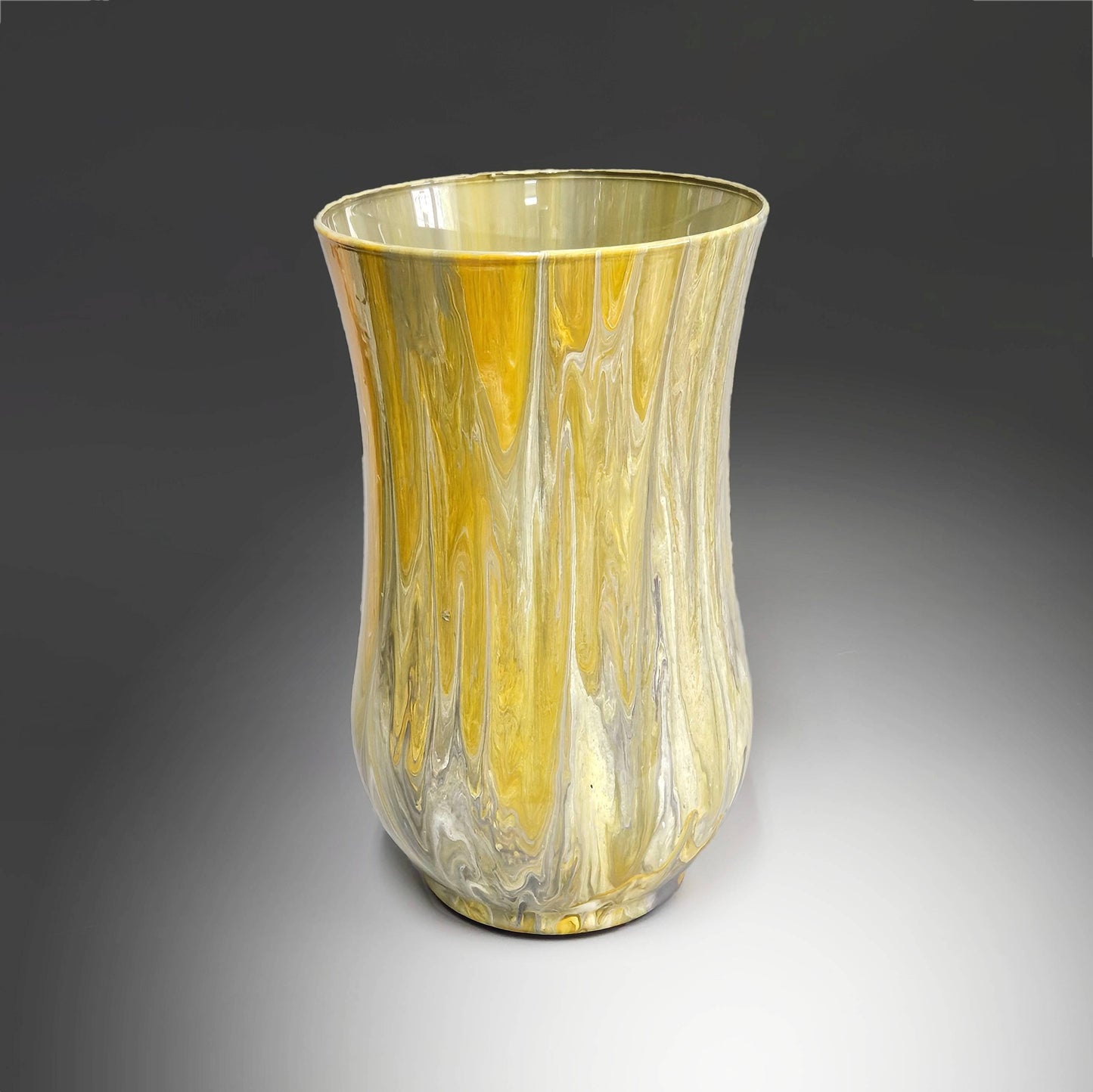 Glass Art Painted Hurricane Vase in Tan Gray and White