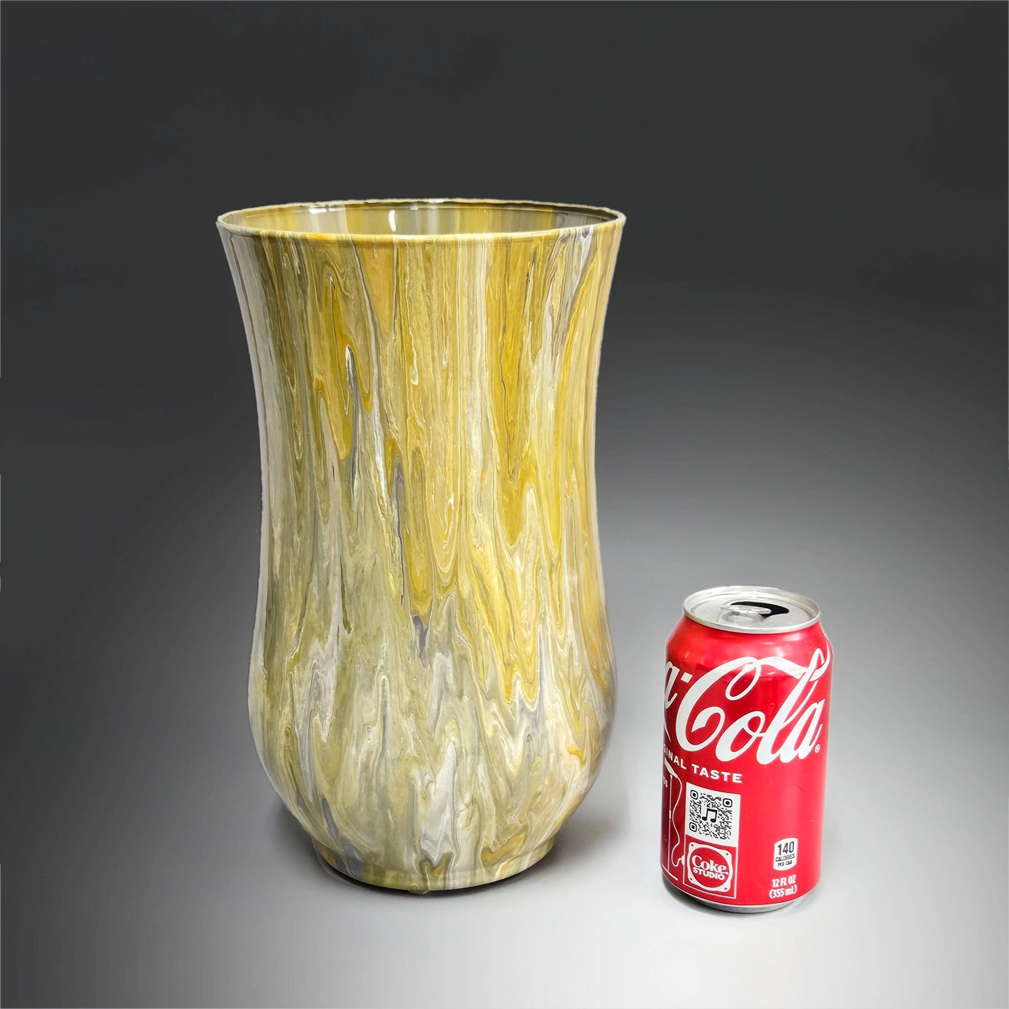 Glass Art Painted Hurricane Vase in Tan Gray and White