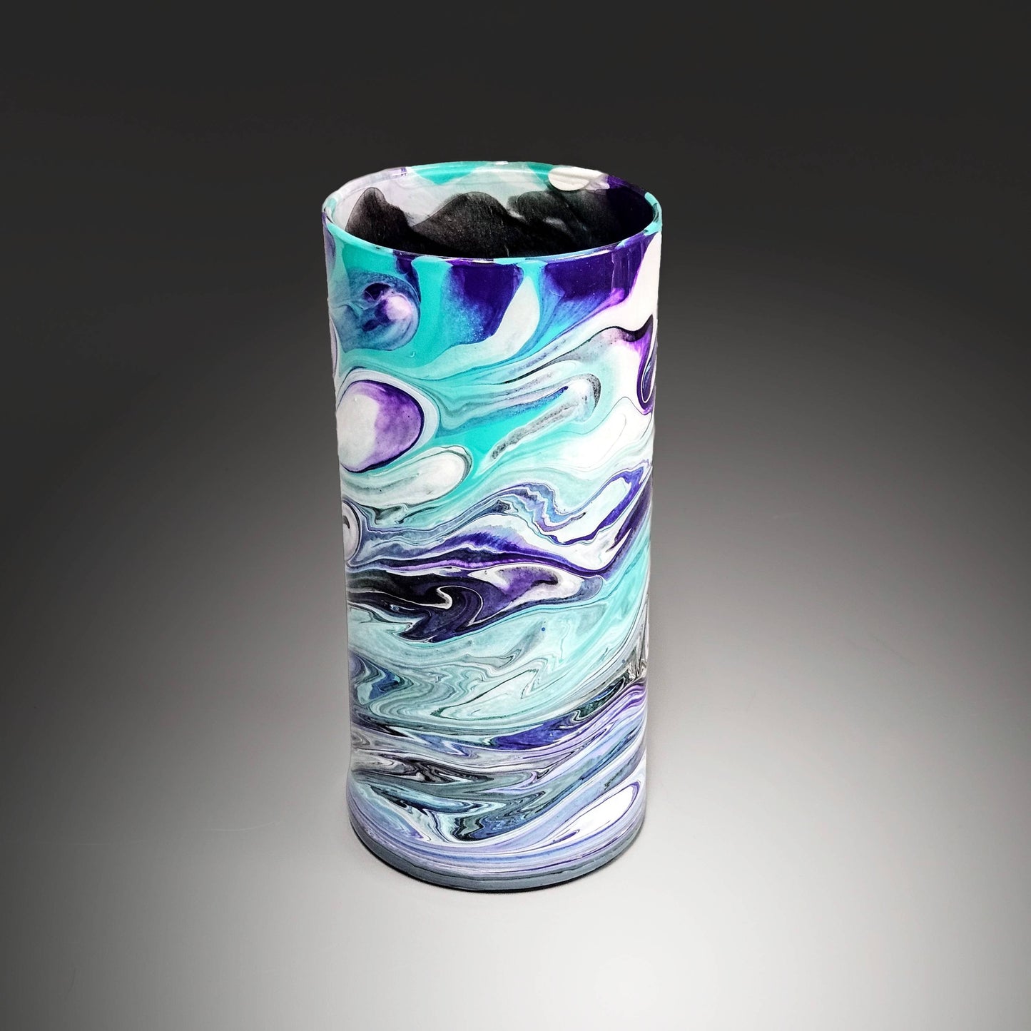 Glass Art Cylinder Vase in Aqua Black Purple White