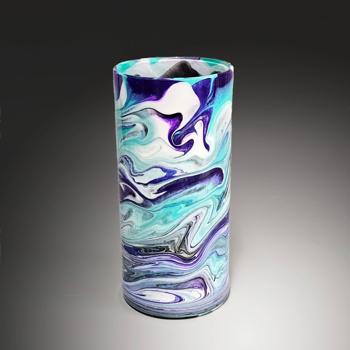 Glass Art Cylinder Vase in Aqua Black Purple White