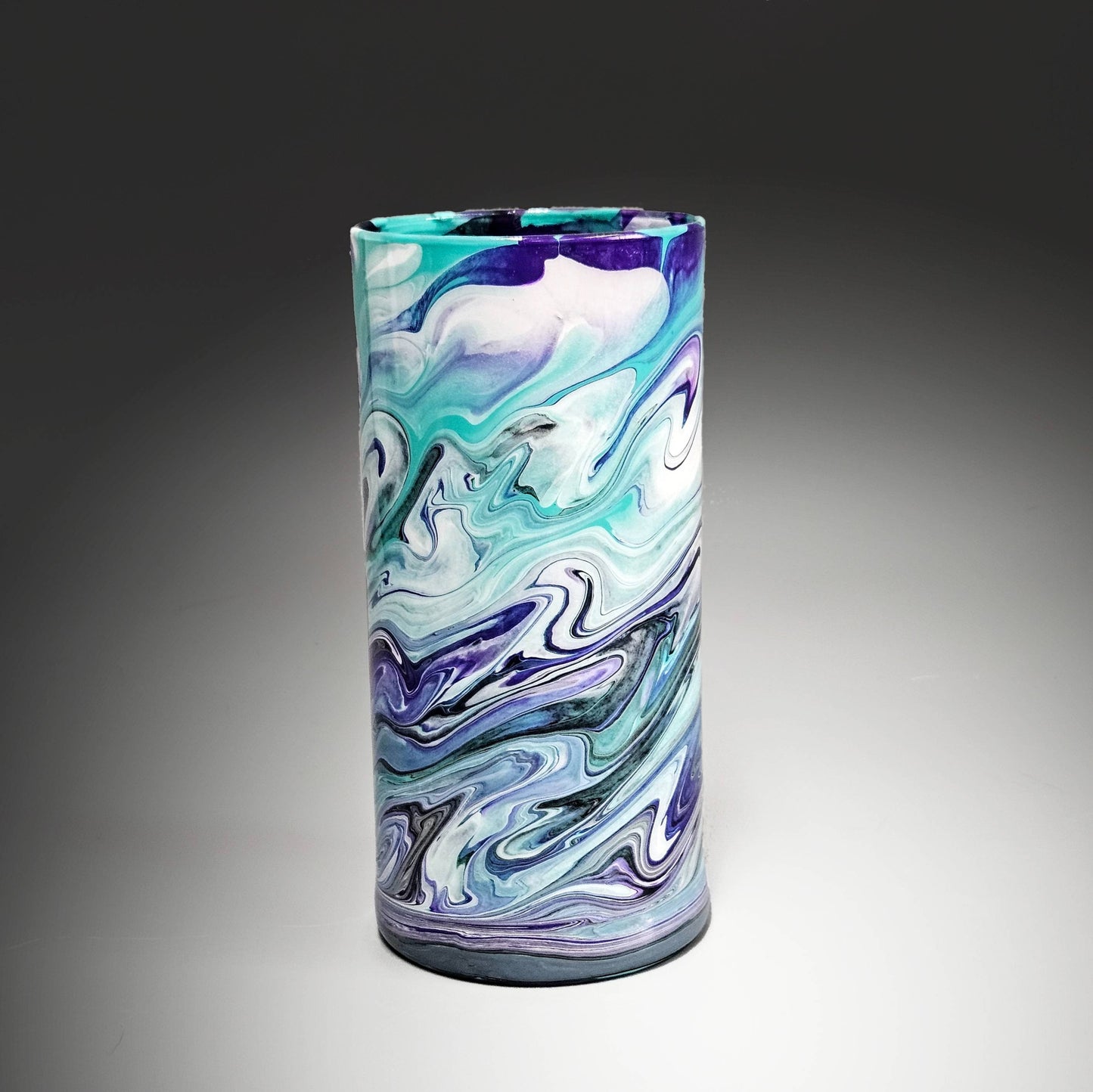 Glass Art Cylinder Vase in Aqua Black Purple White