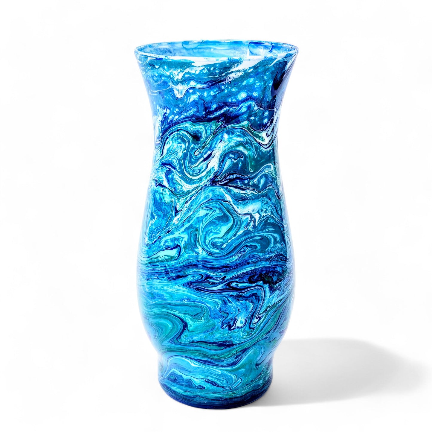 Painted Vase in Teal Blue Green White | Fluid Art Flower Vase