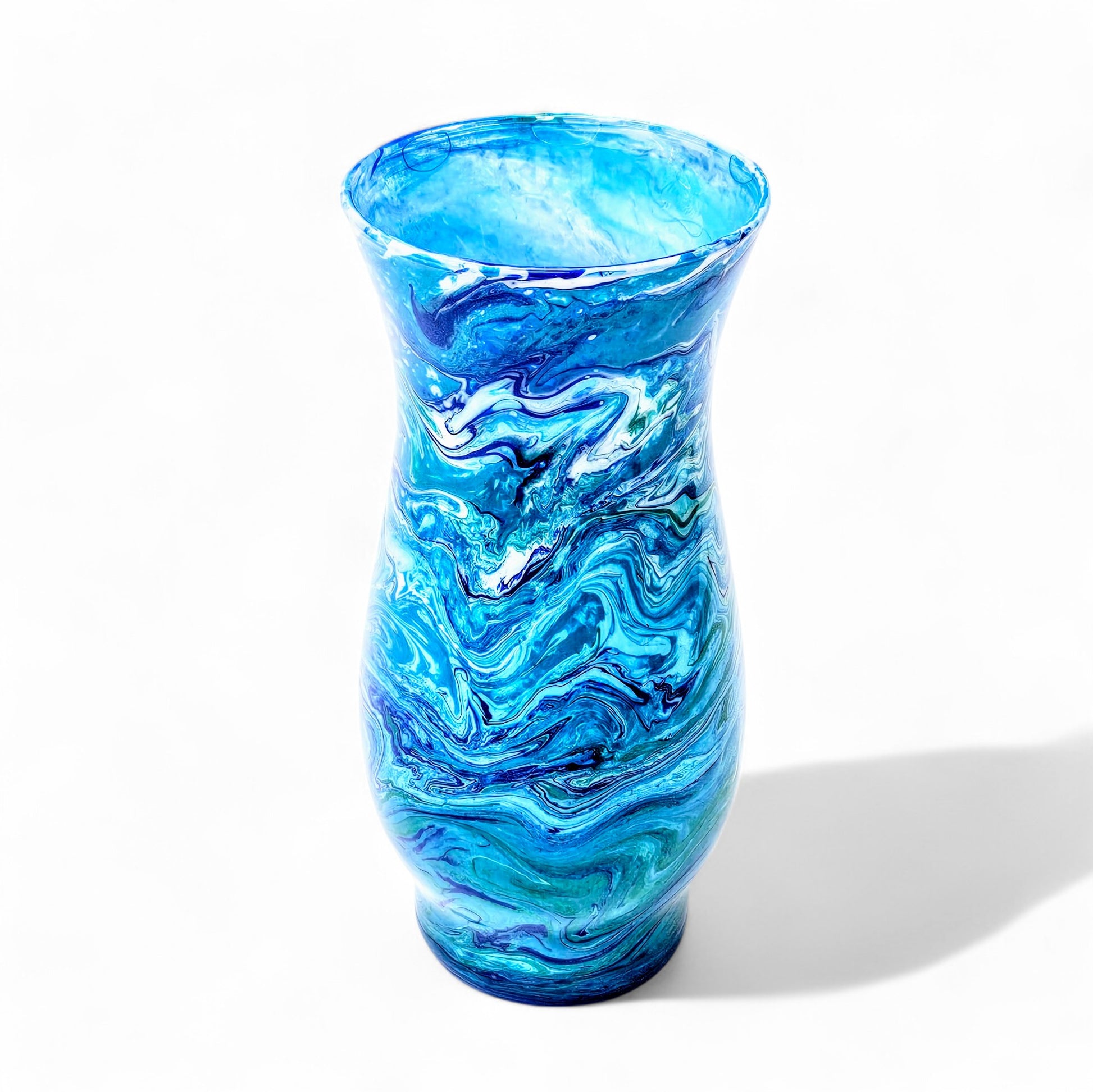 Painted Vase in Teal Blue Green White | Fluid Art Flower Vase