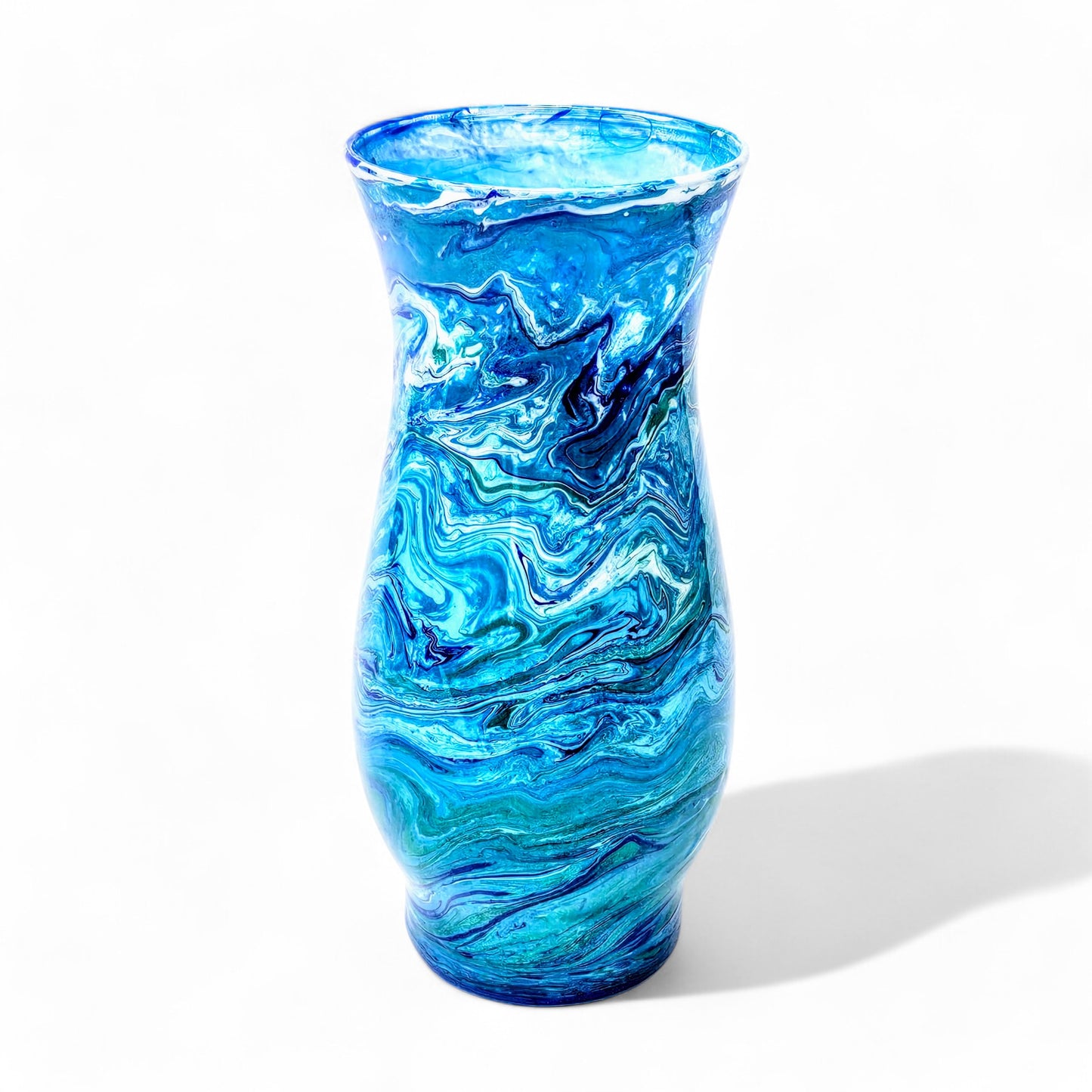 Painted Vase in Teal Blue Green White | Fluid Art Flower Vase