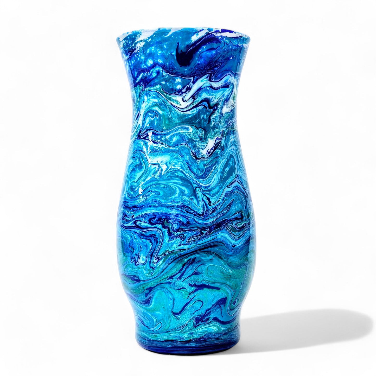 Painted Vase in Teal Blue Green White | Fluid Art Flower Vase