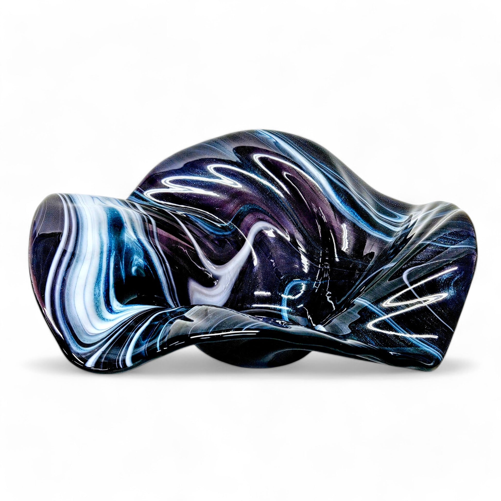 Glass Art Wave Bowl in Stormy Indigo Blue and White