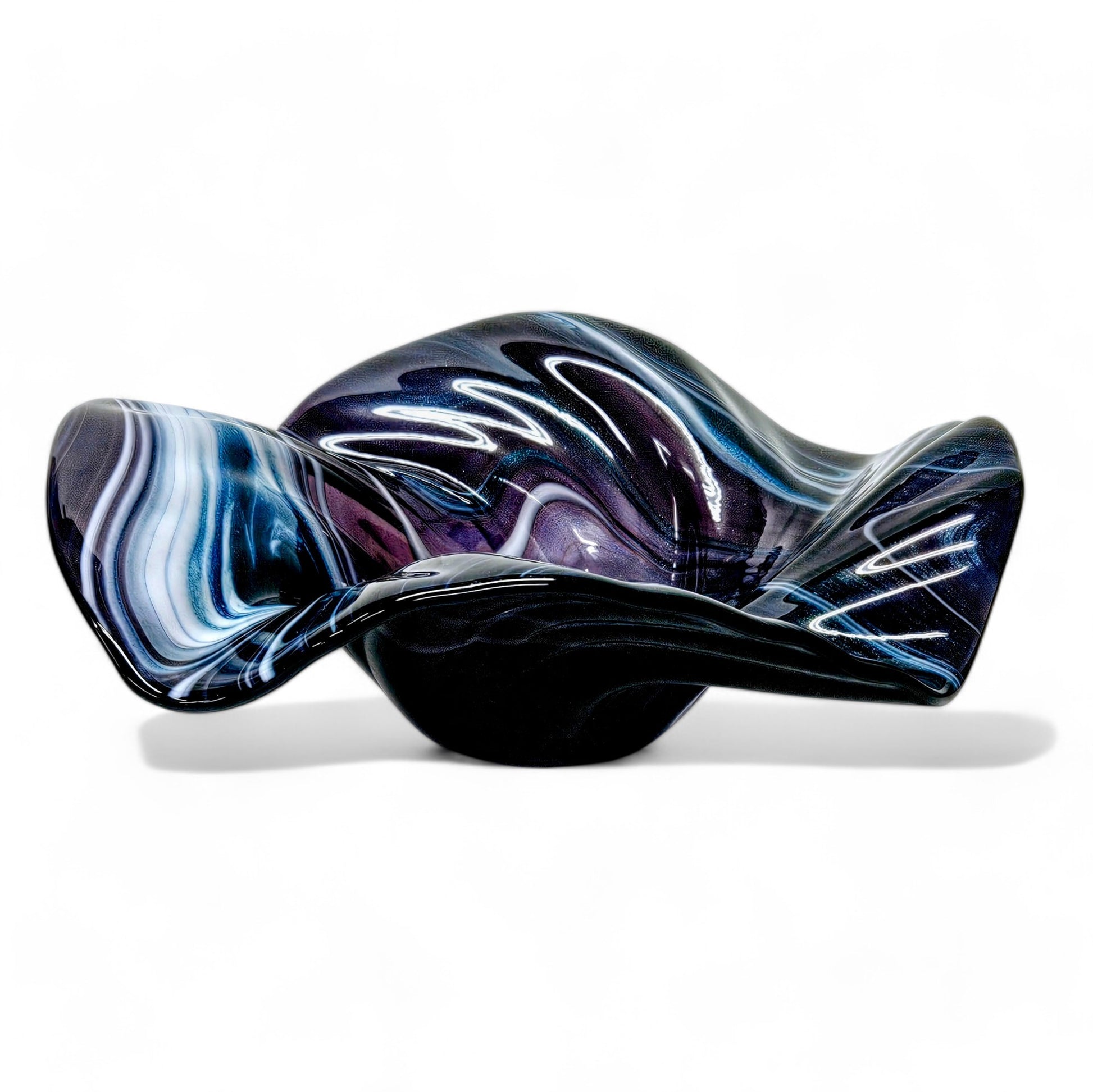 Glass Art Wave Bowl in Stormy Indigo Blue and White