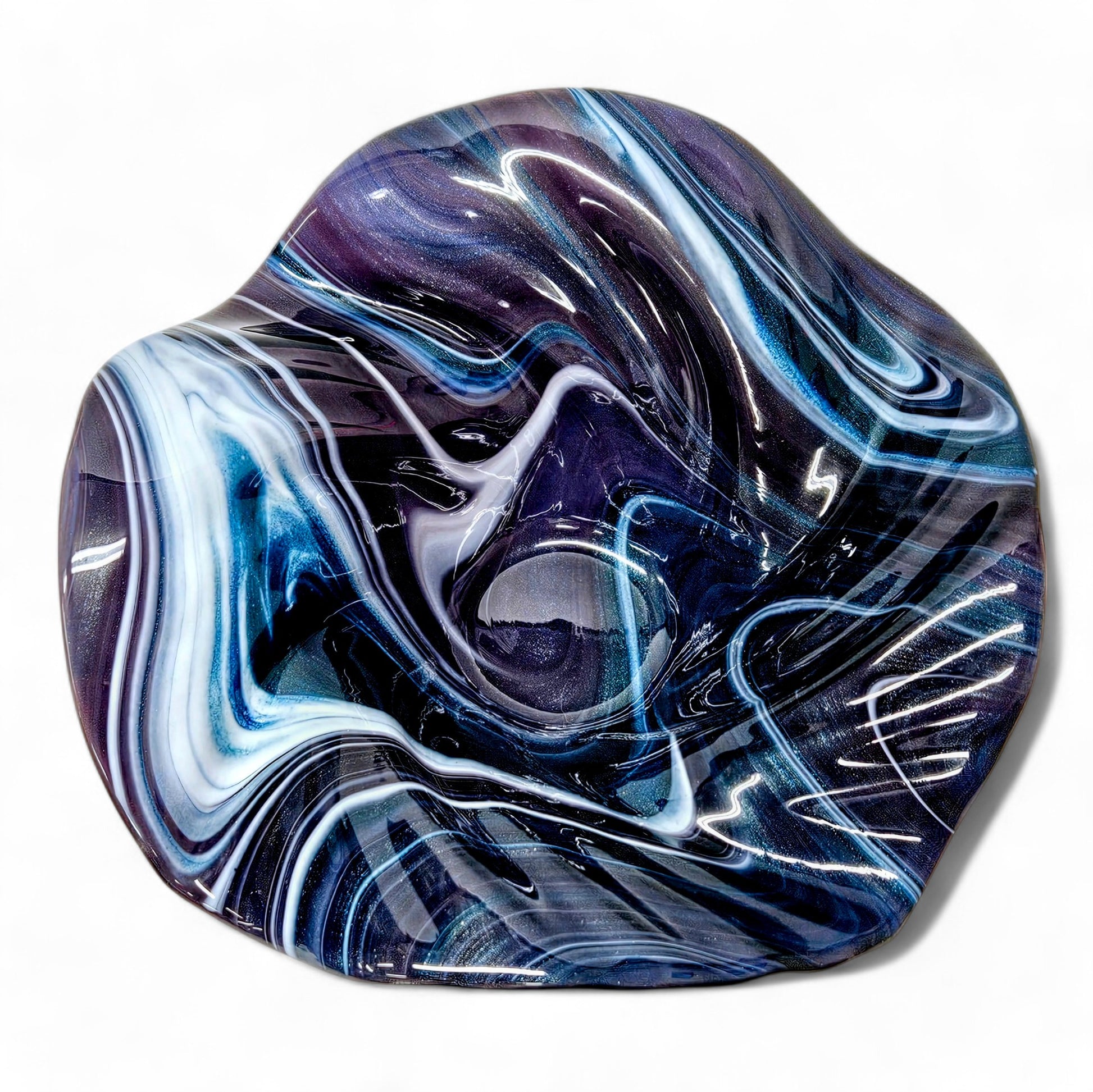 Glass Art Wave Bowl in Stormy Indigo Blue and White