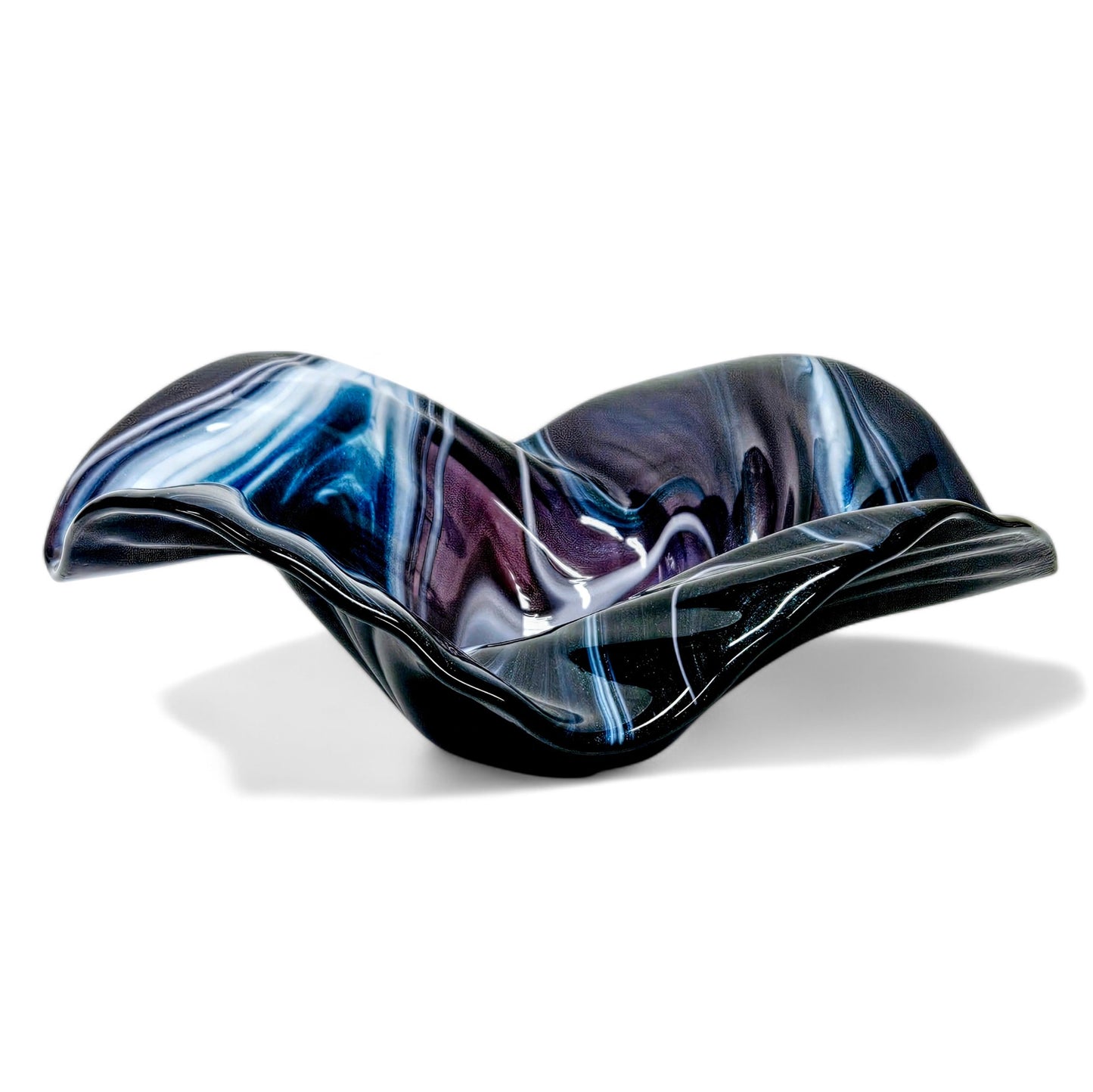 Glass Art Wave Bowl in Stormy Indigo Blue and White