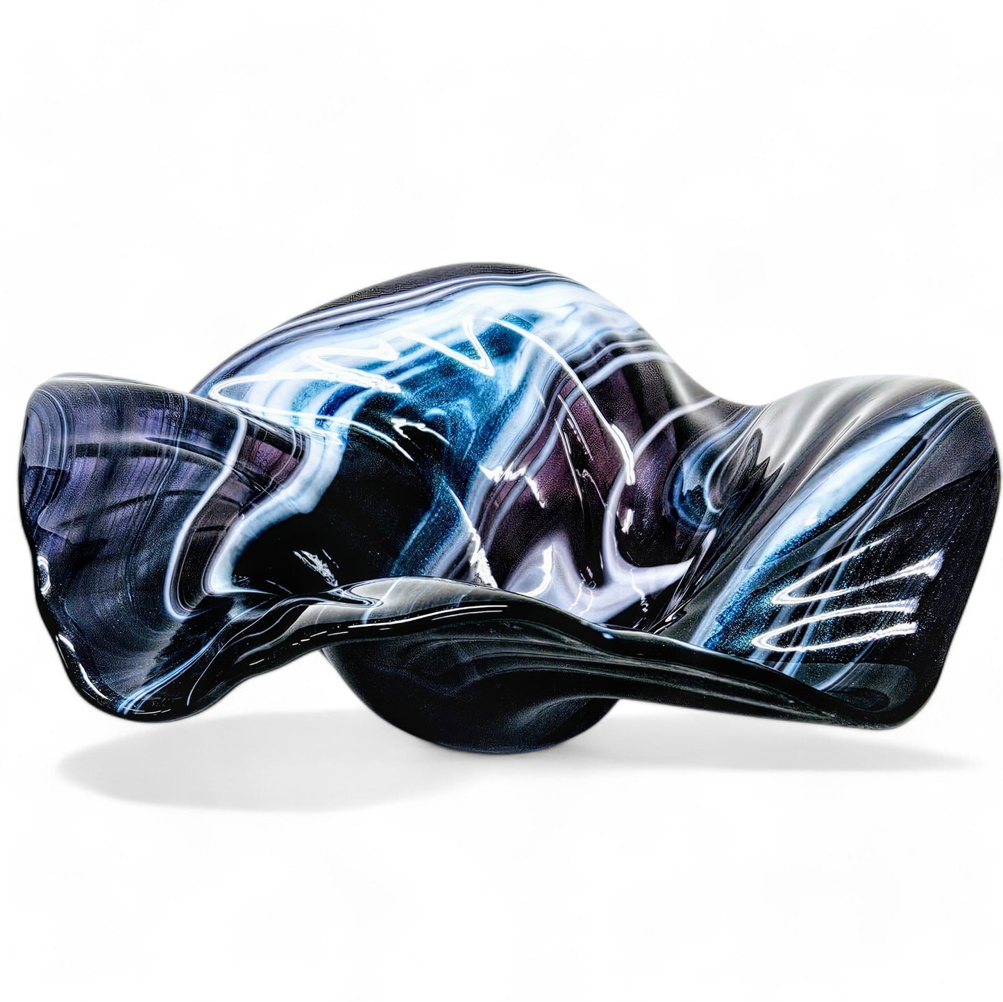 Glass Art Wave Bowl in Stormy Indigo Blue and White