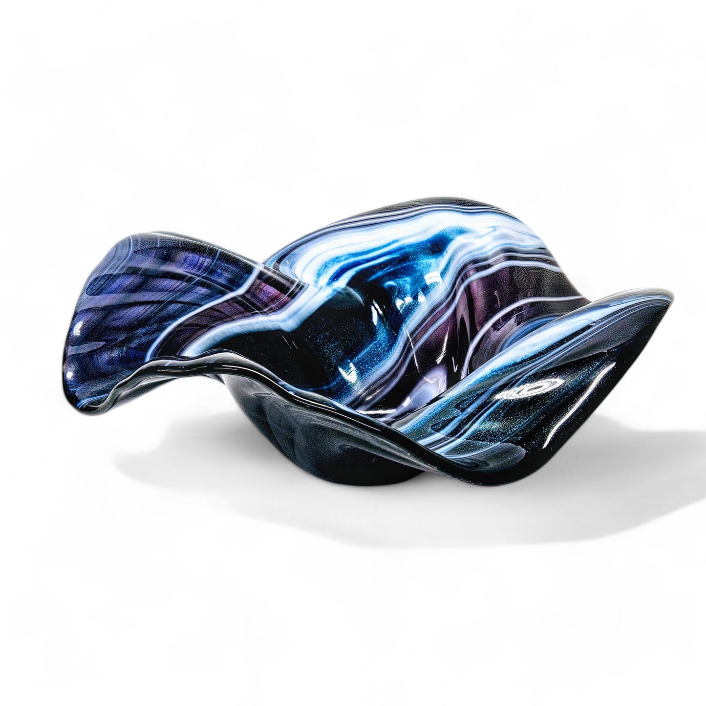 Glass Art Wave Bowl in Stormy Indigo Blue and White