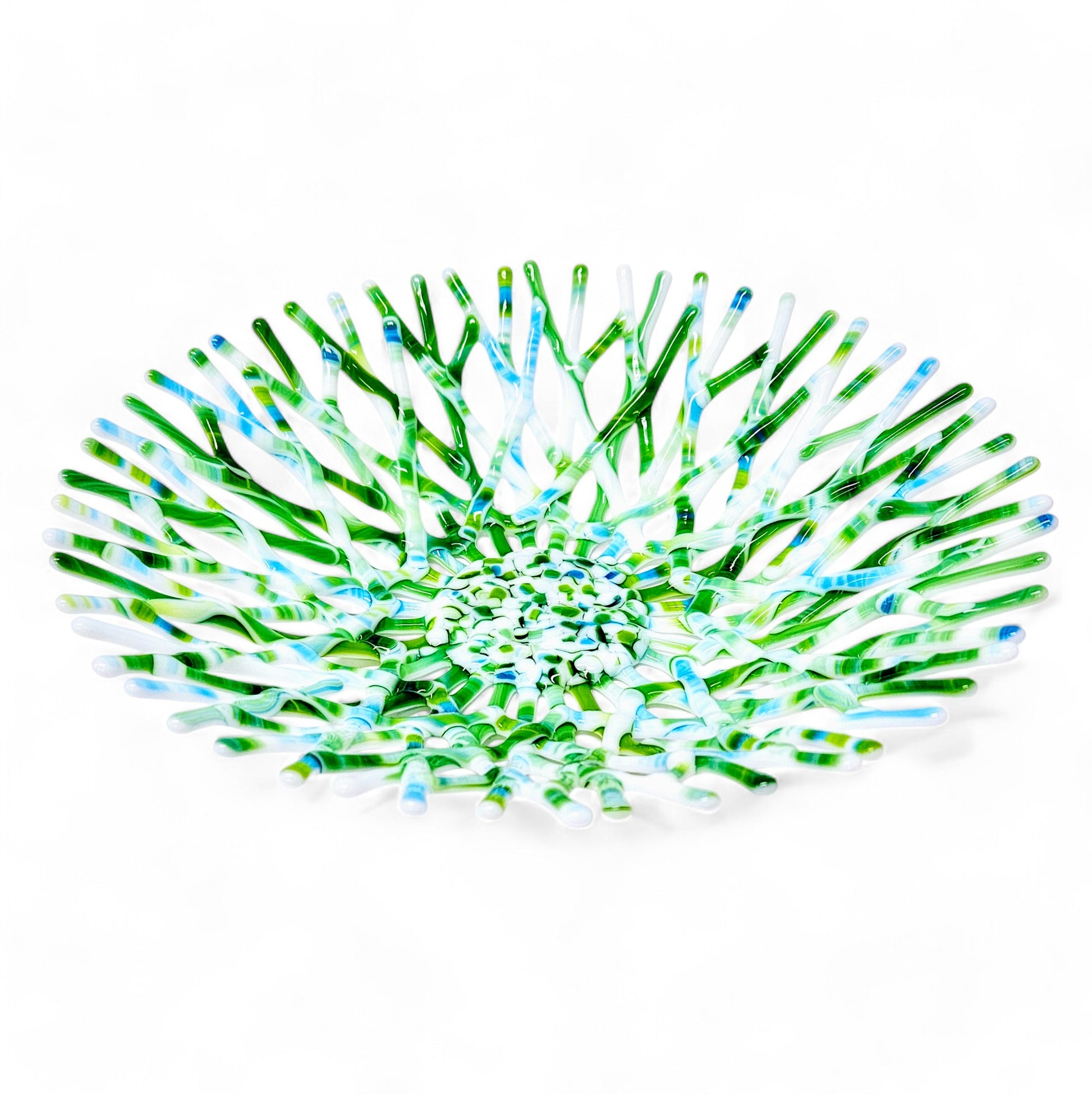 Fused Glass Art Coral Bowl in Lime Green Azure Blue and White