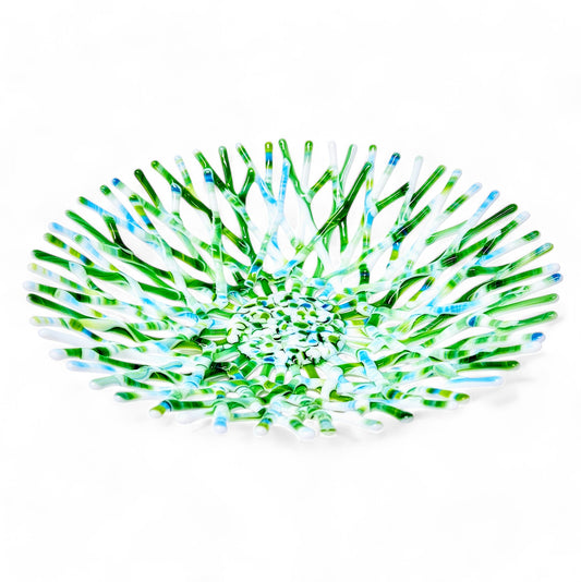 Fused Glass Art Coral Bowl in Lime Green Azure Blue and White