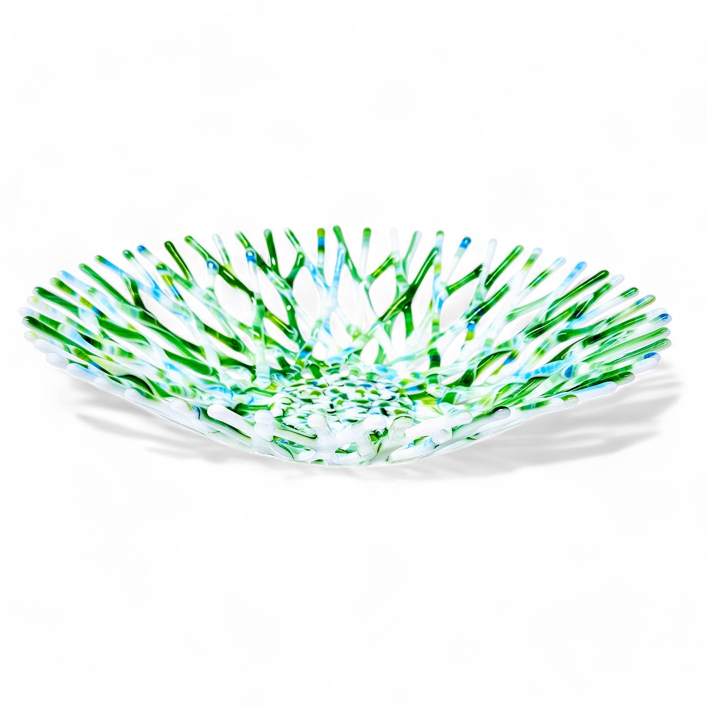 Fused Glass Art Coral Bowl in Lime Green Azure Blue and White