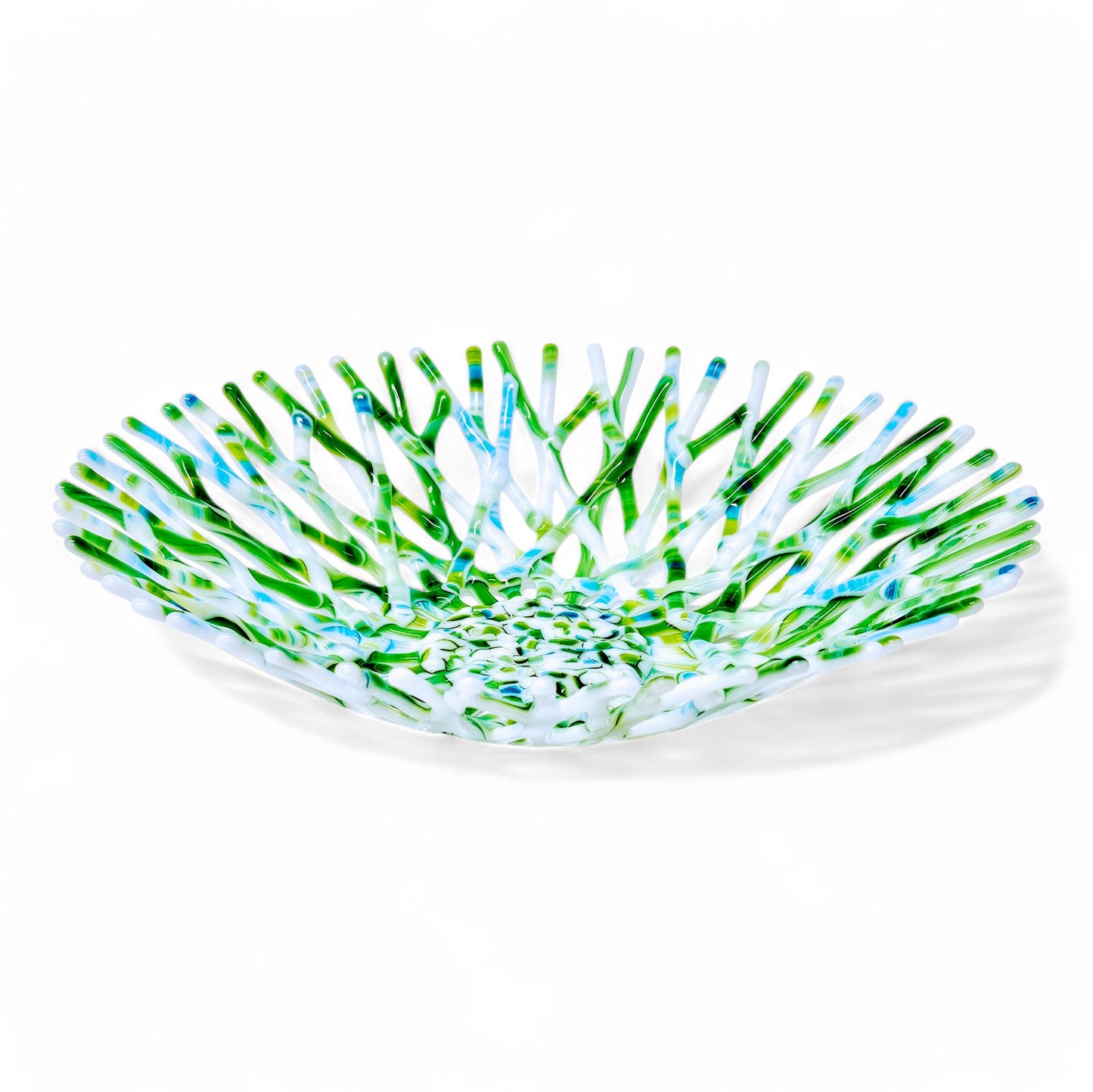 Fused Glass Art Coral Bowl in Lime Green Azure Blue and White