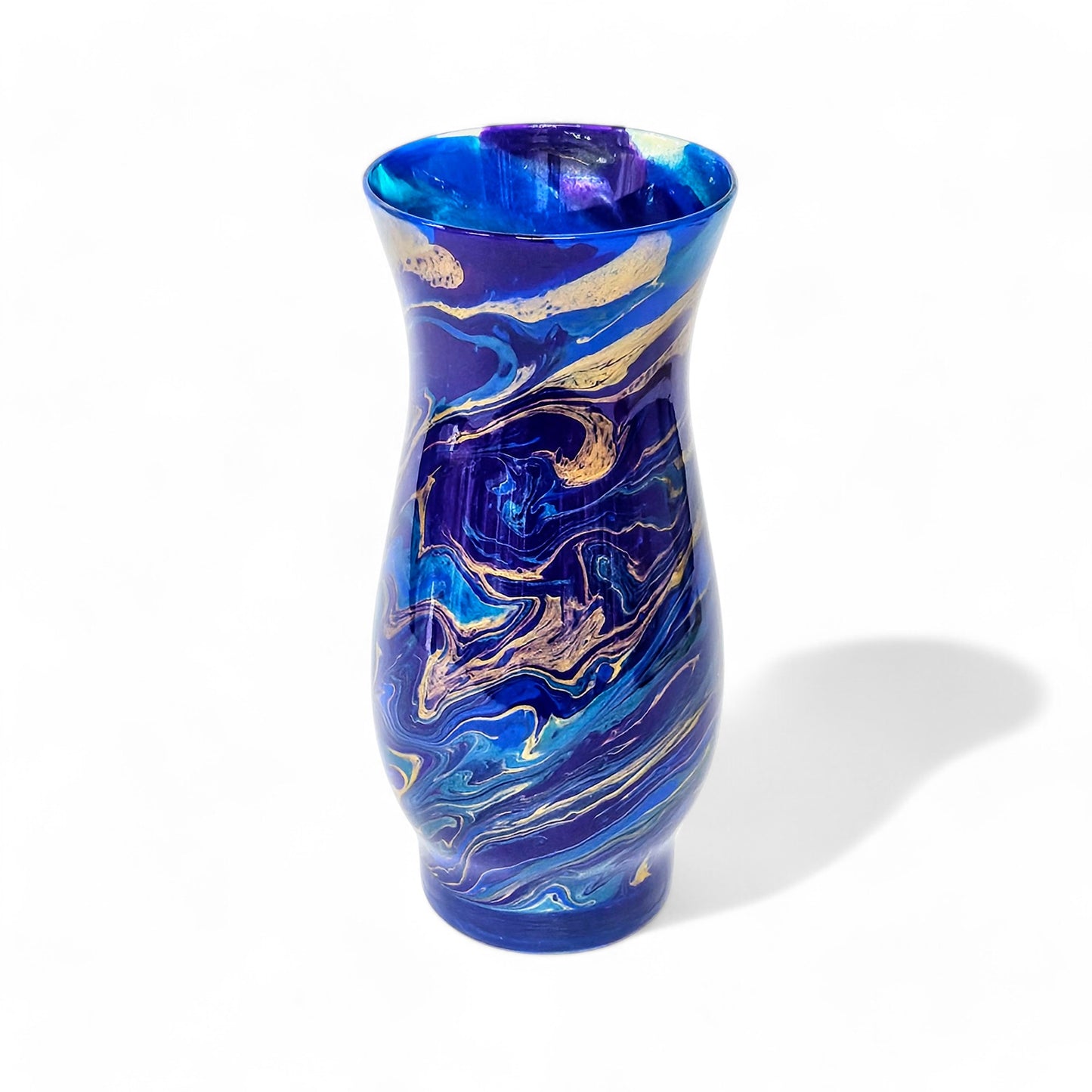 Dark Peacock Feather Painted Vase in Teal Cobalt Purple Gold