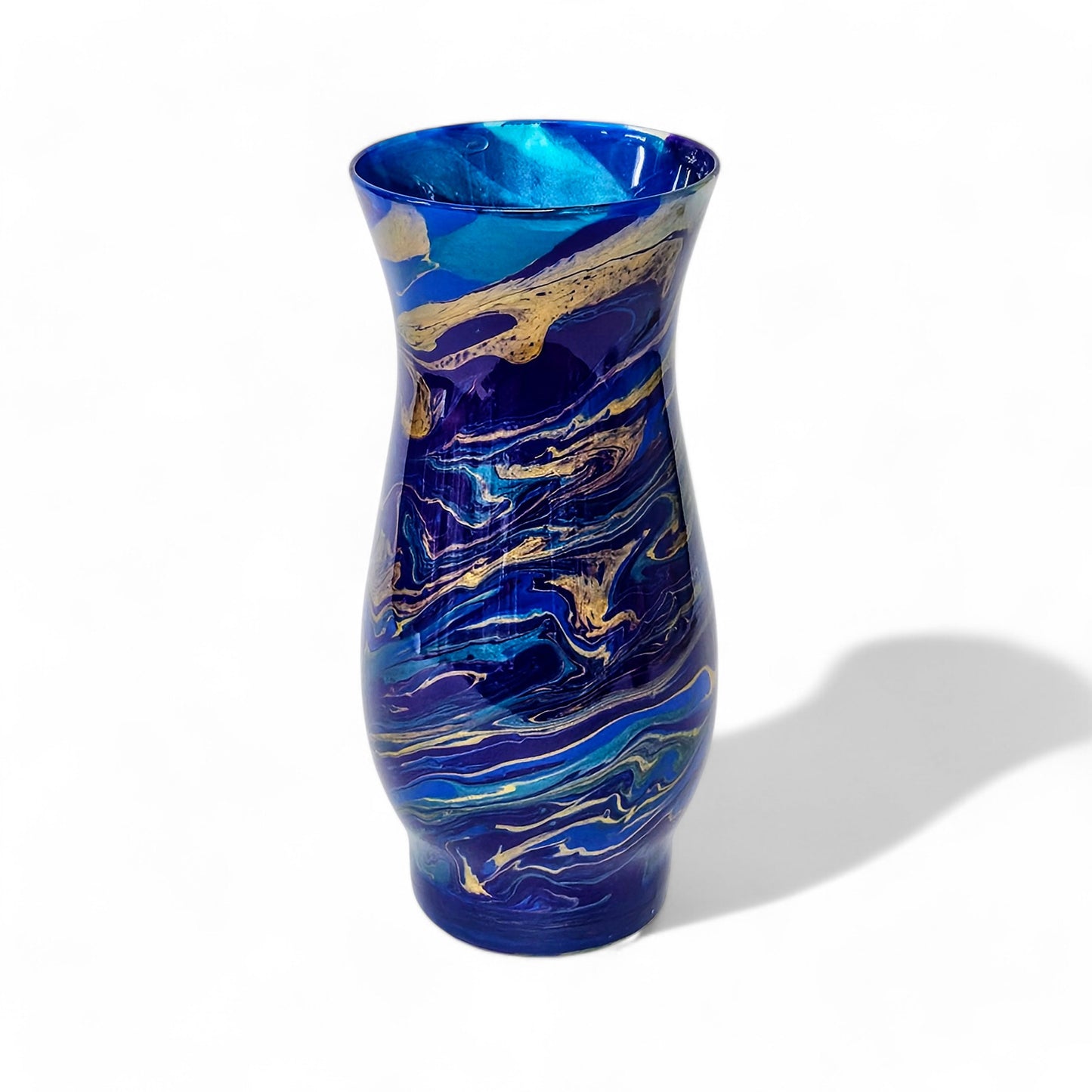 Dark Peacock Feather Painted Vase in Teal Cobalt Purple Gold