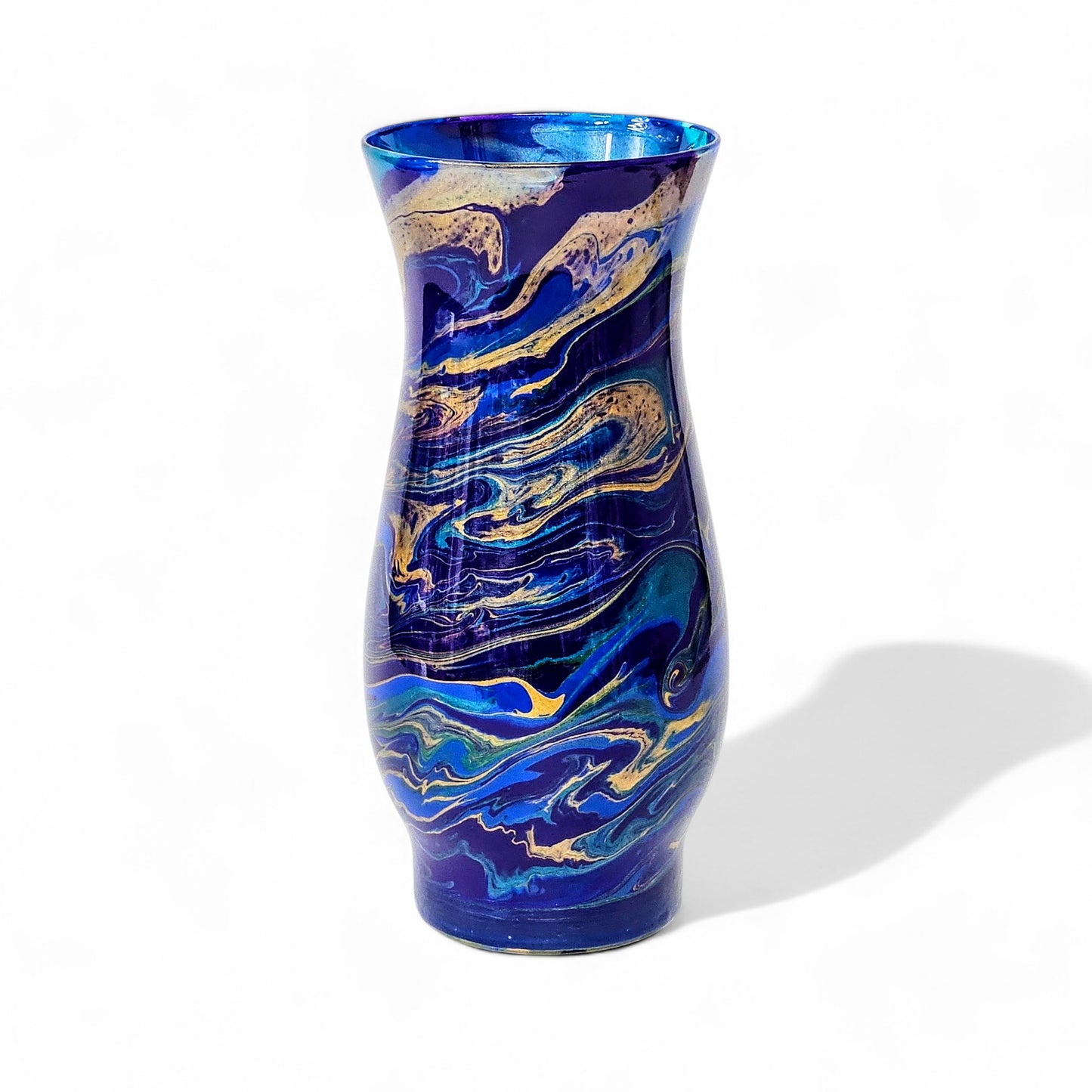 Dark Peacock Feather Painted Vase in Teal Cobalt Purple Gold