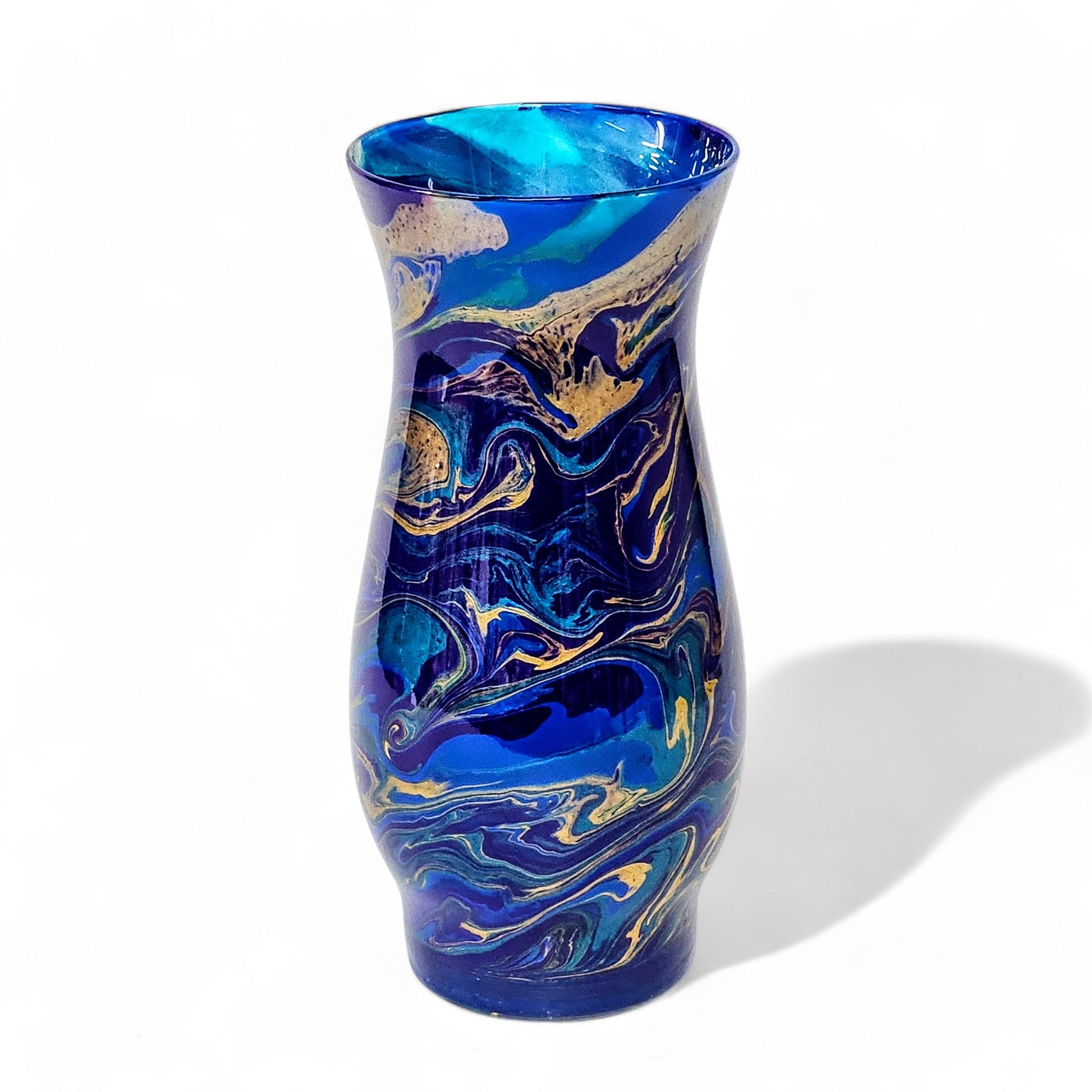 Dark Peacock Feather Painted Vase in Teal Cobalt Purple Gold