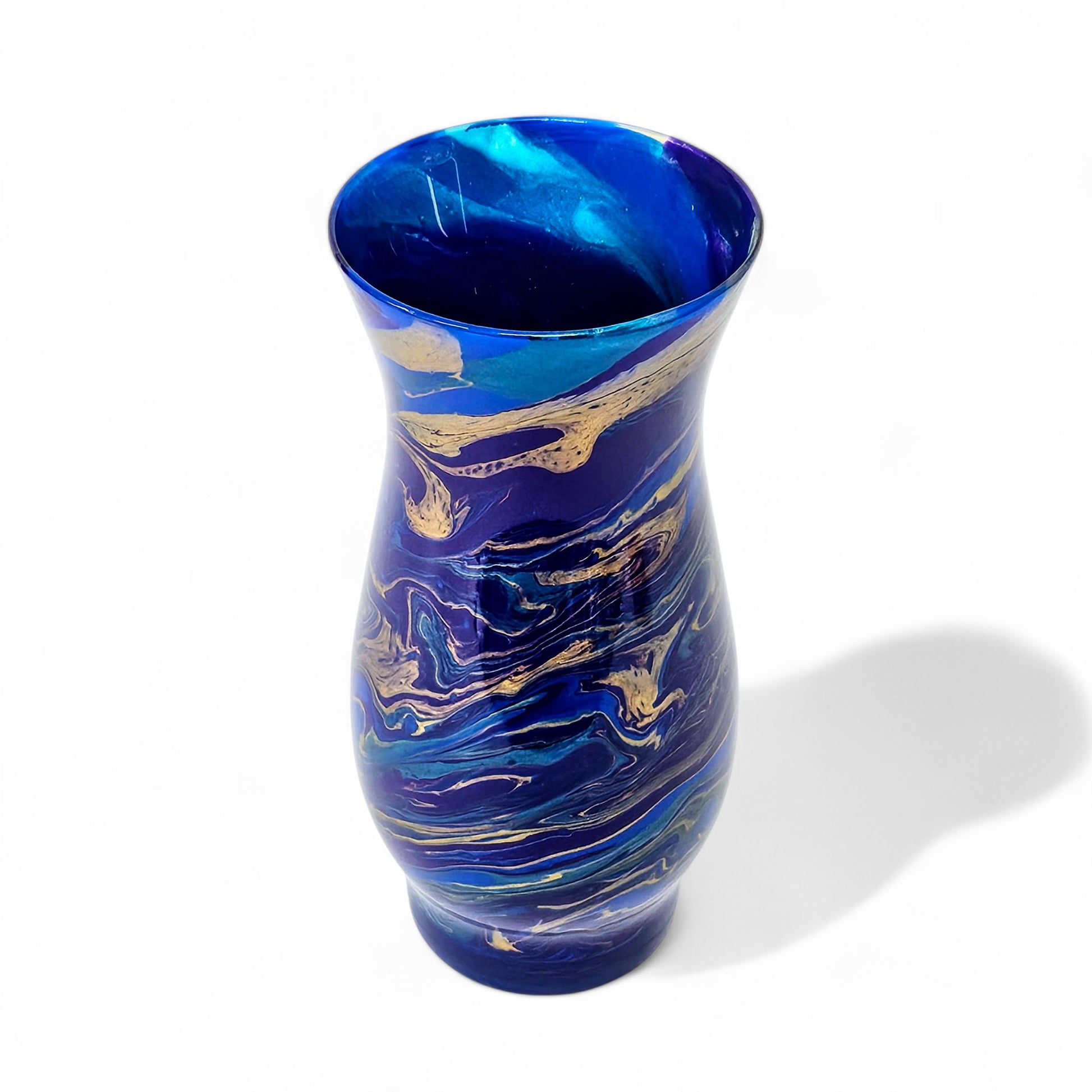 Dark Peacock Feather Painted Vase in Teal Cobalt Purple Gold