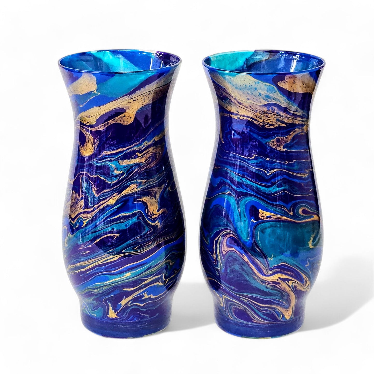 Dark Peacock Feather Painted Vase in Teal Cobalt Purple Gold