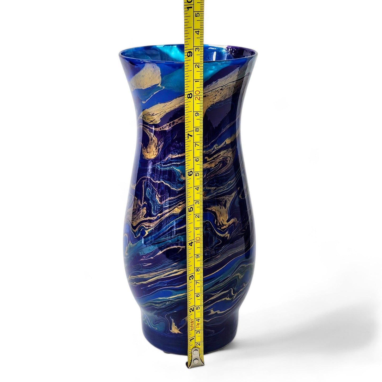 Dark Peacock Feather Painted Vase in Teal Cobalt Purple Gold