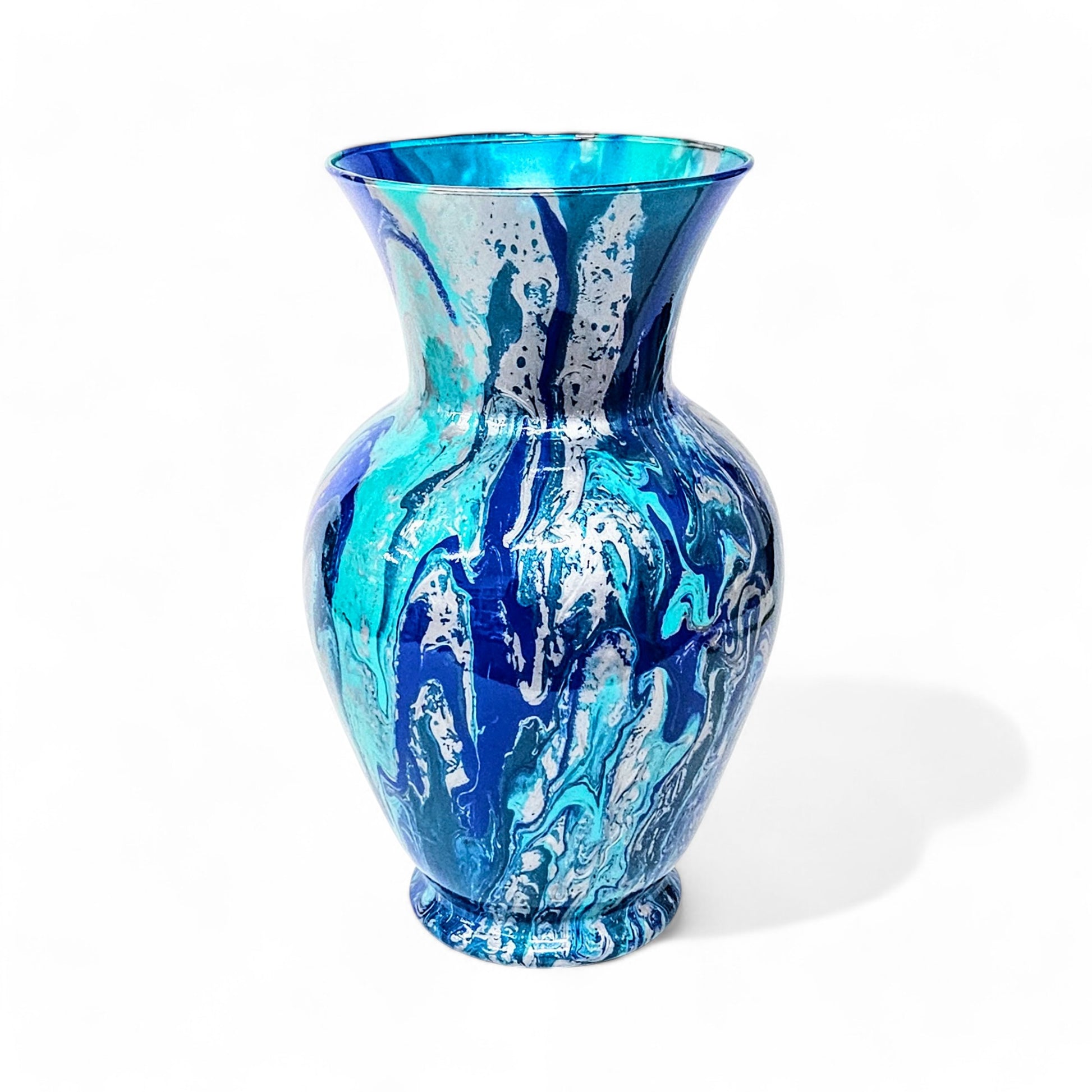 Fluid Art Vase in Aqua Blue Teal Silver