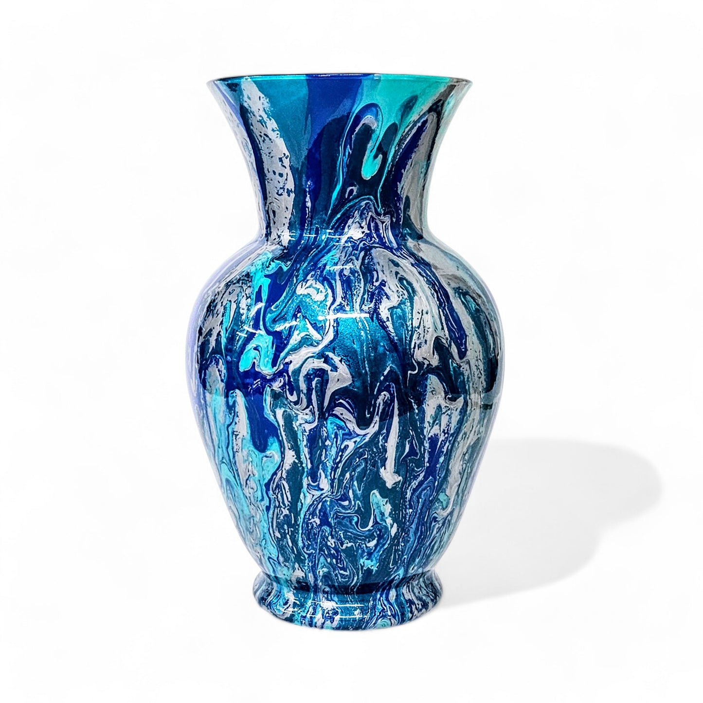 Fluid Art Vase in Aqua Blue Teal Silver