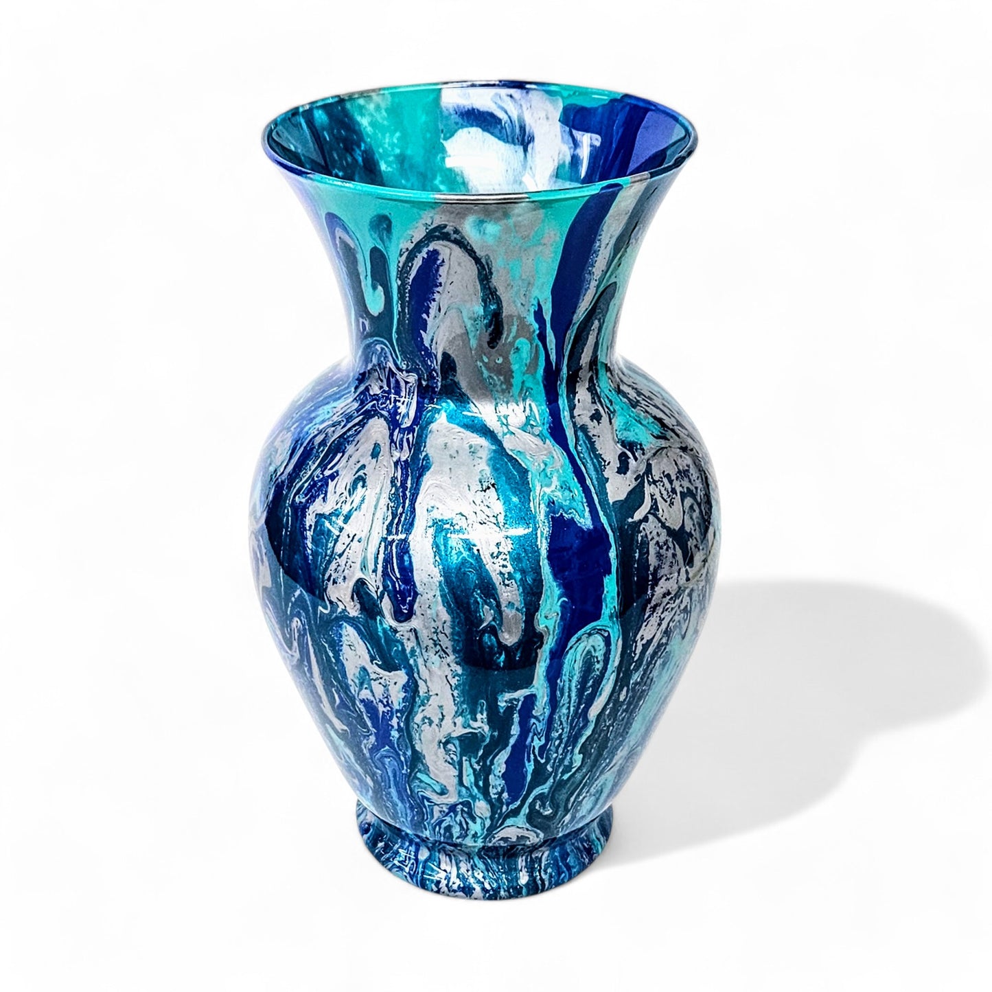 Fluid Art Vase in Aqua Blue Teal Silver