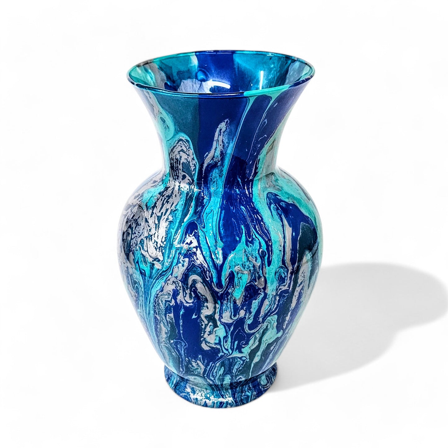 Fluid Art Centerpiece Vase in Aqua Blue Teal Silver