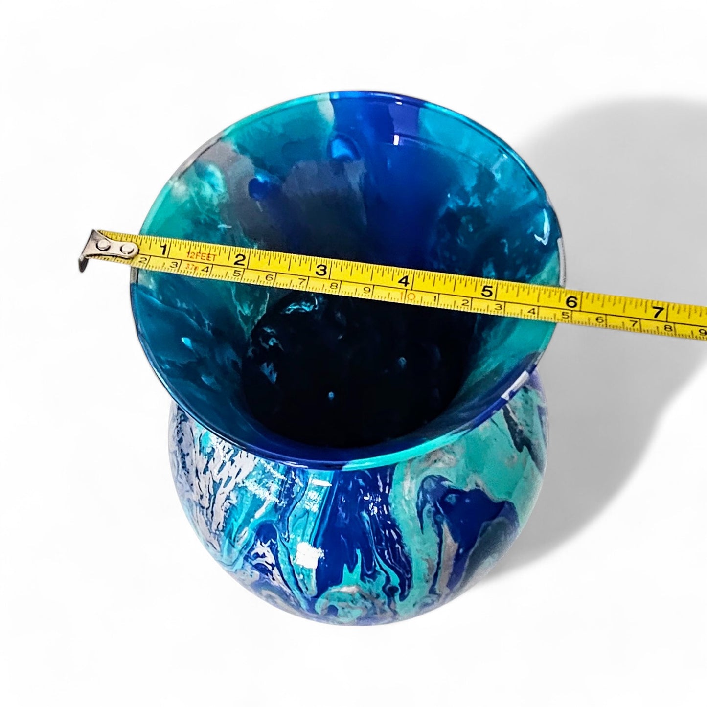 Fluid Art Centerpiece Vase in Aqua Blue Teal Silver