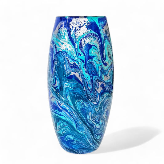 Modern Painted Vase in Aqua Blue Teal Silver