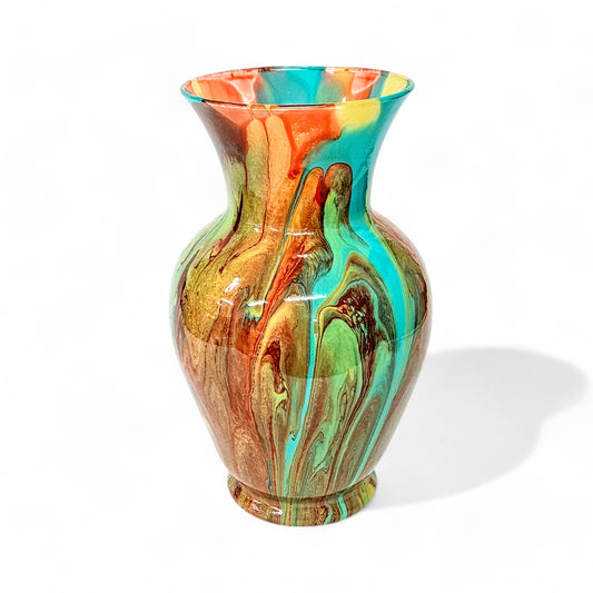 Fluid Art Vase in Turquoise Orange Tan | Glass Art Acrylic Pour Painted Vase | 11 Inch Tall Large Centerpiece Vase | Modern Home Décor Gifts