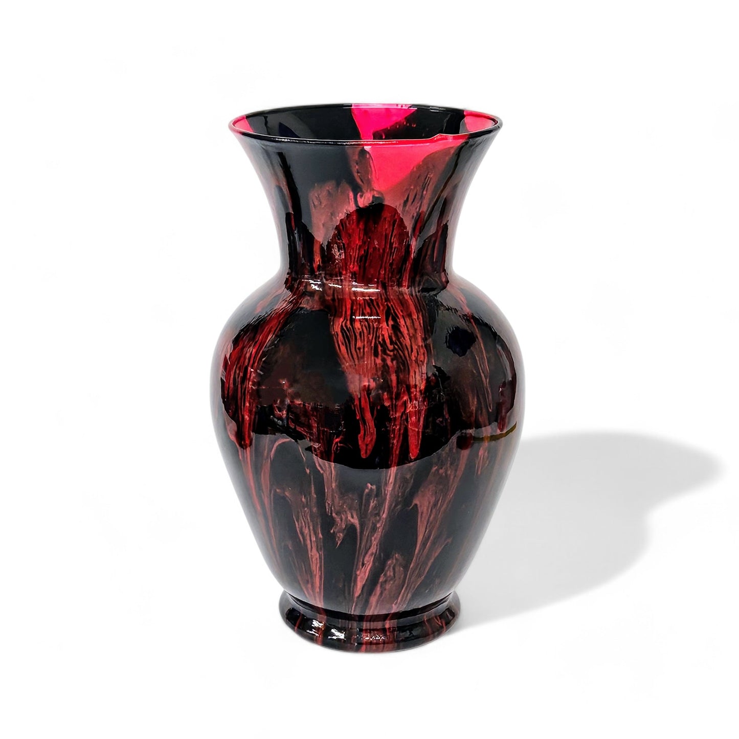 Painted Glass Vase in Red and Black | Centerpiece Fluid Art Vase