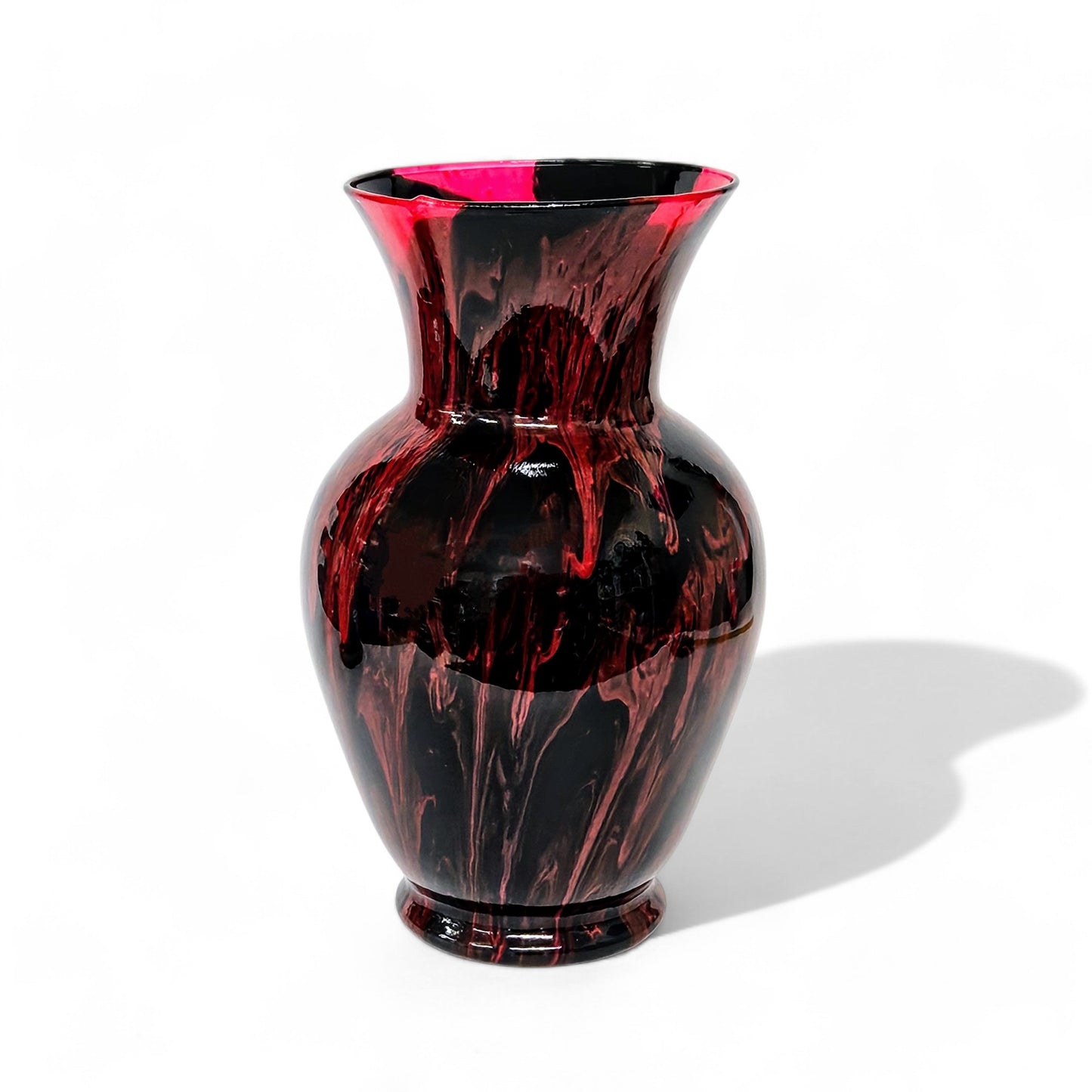 Painted Glass Vase in Red and Black | Centerpiece Fluid Art Vase