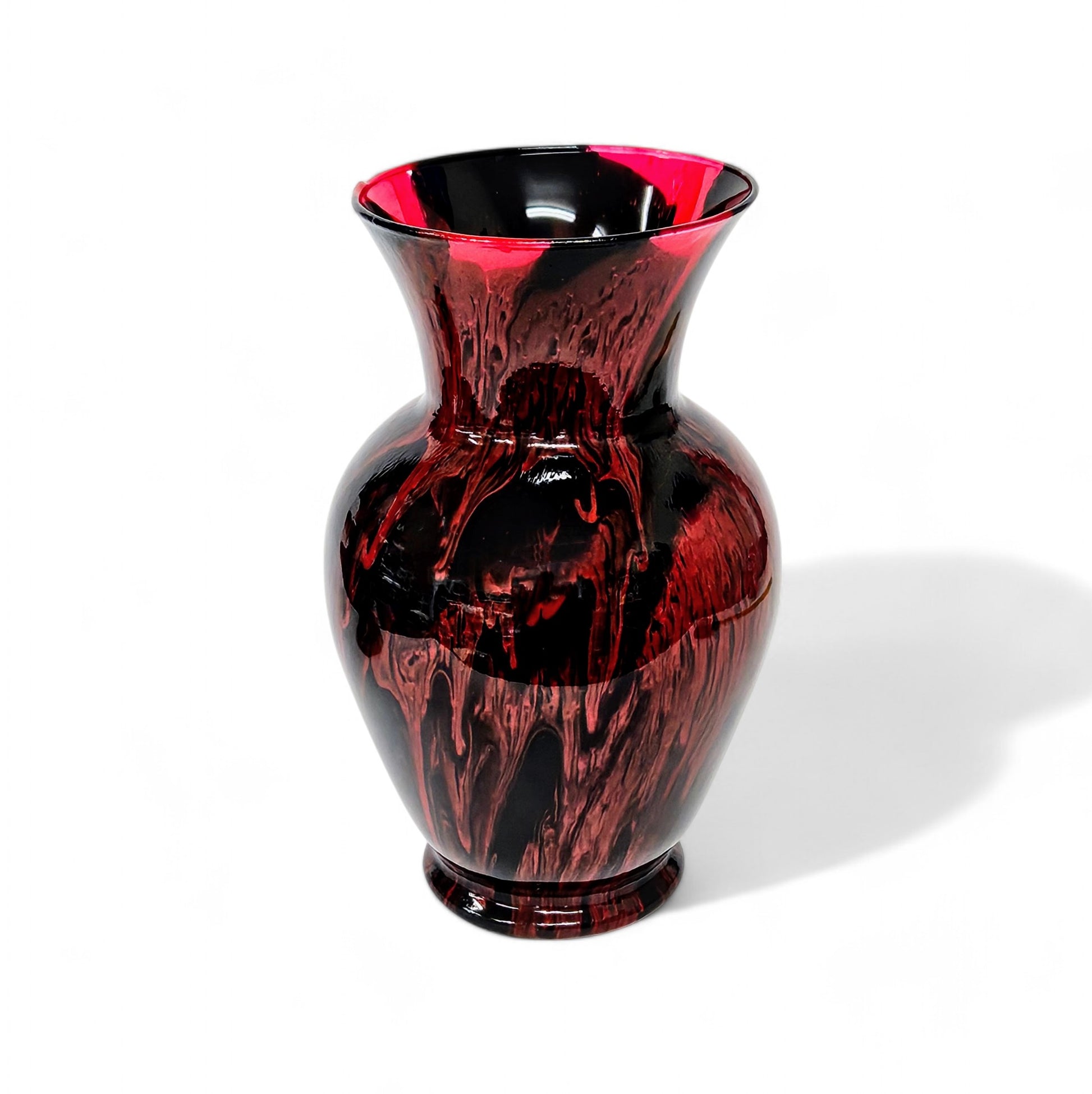 Painted Glass Vase in Red and Black | Centerpiece Fluid Art Vase